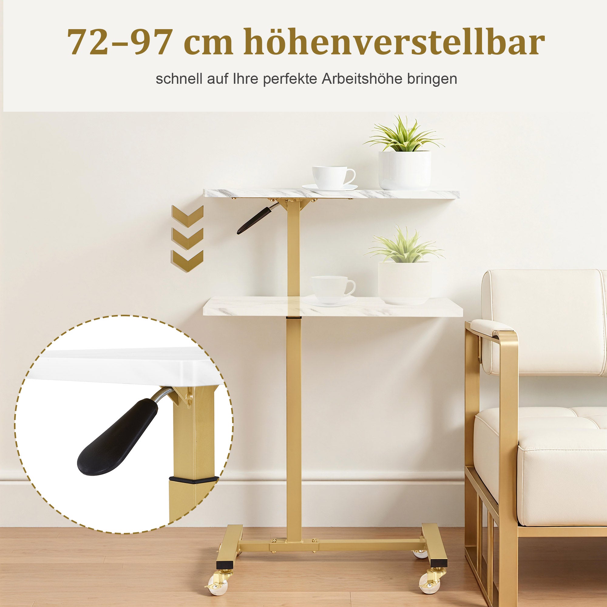 MCombo Tavolino con ruote, carrello di servizio regolabile in altezza, carrello dorato per salone, comodino a forma di C, carrello per parrucchieri, centri estetici e salotti, 40x60x72/97 cm, 2832