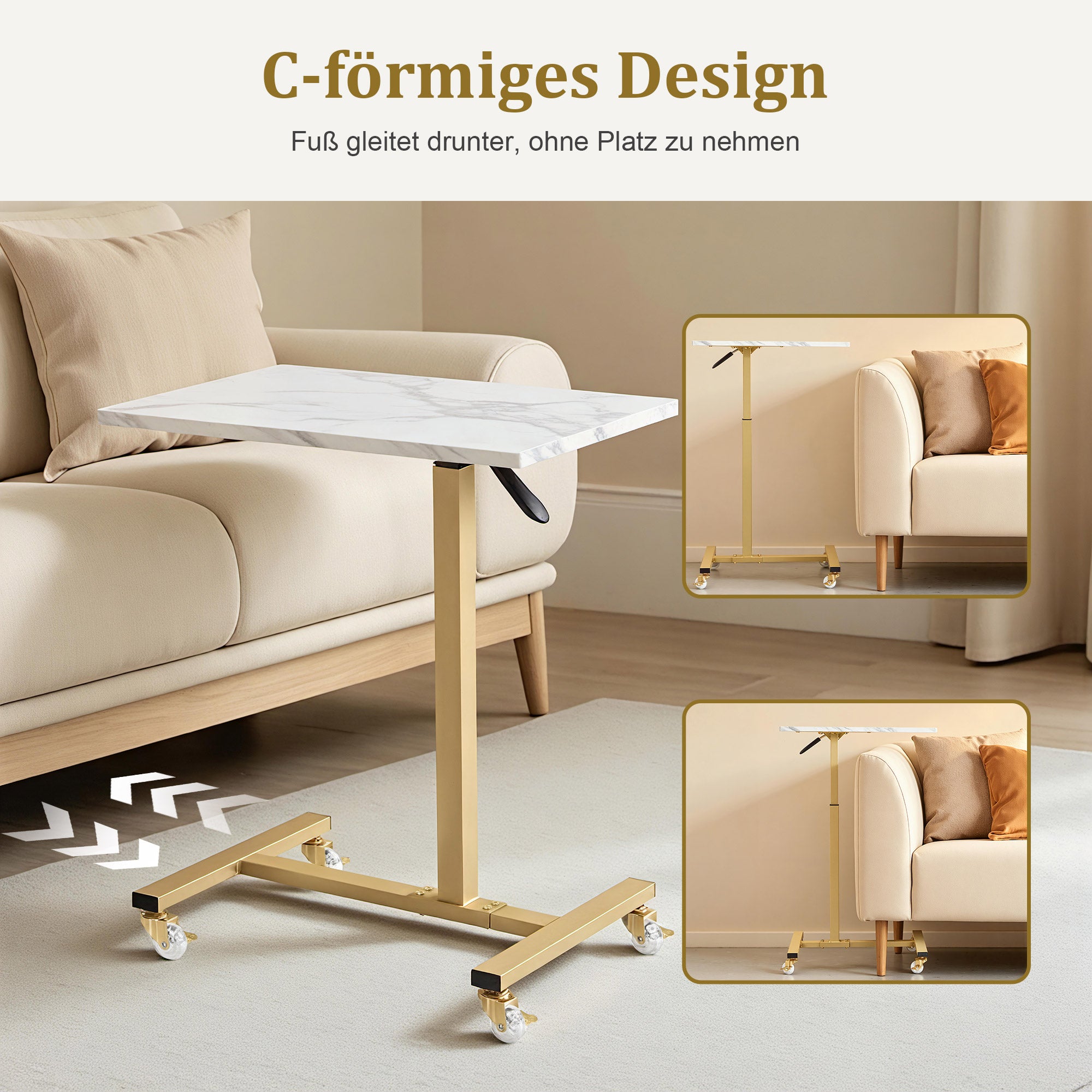MCombo Tavolino con ruote, carrello di servizio regolabile in altezza, carrello dorato per salone, comodino a forma di C, carrello per parrucchieri, centri estetici e salotti, 40x60x72/97 cm, 2832