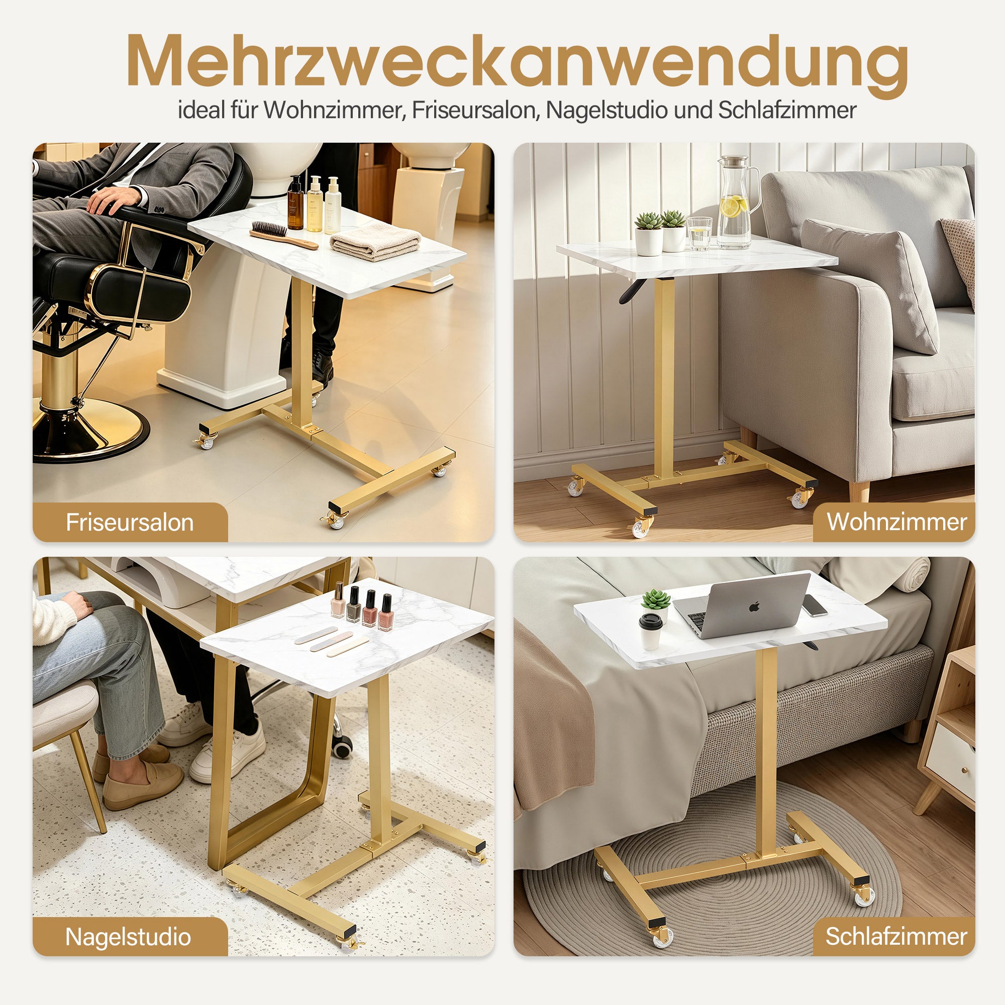 MCombo Tavolino con ruote, carrello di servizio regolabile in altezza, carrello dorato per salone, comodino a forma di C, carrello per parrucchieri, centri estetici e salotti, 40x60x72/97 cm, 2832