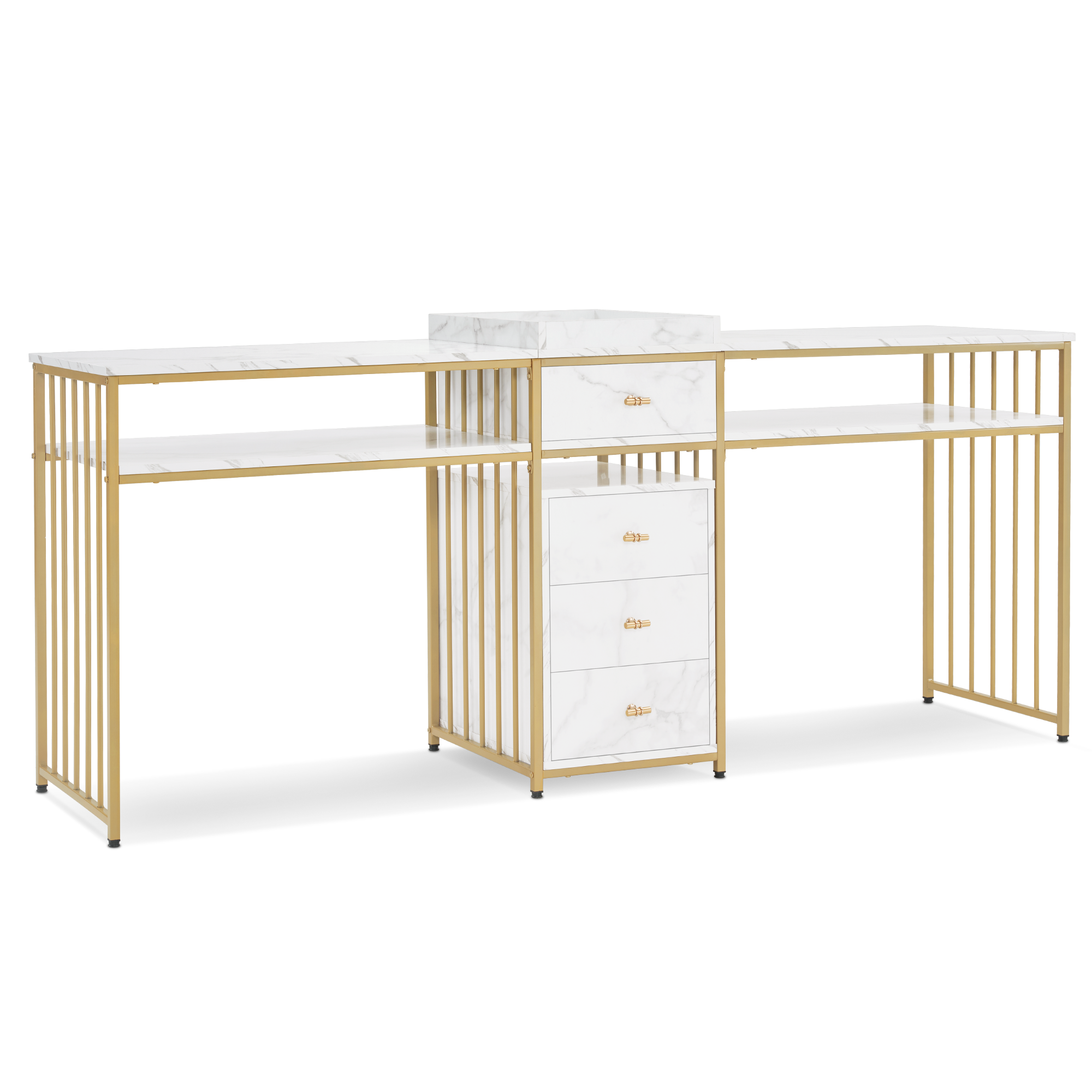 MCombo Tavolo doppio per manicure con cassetti e ripiano – Stile moderno, bianco effetto marmo e oro, 50 x 200 x 86 cm, 2413
