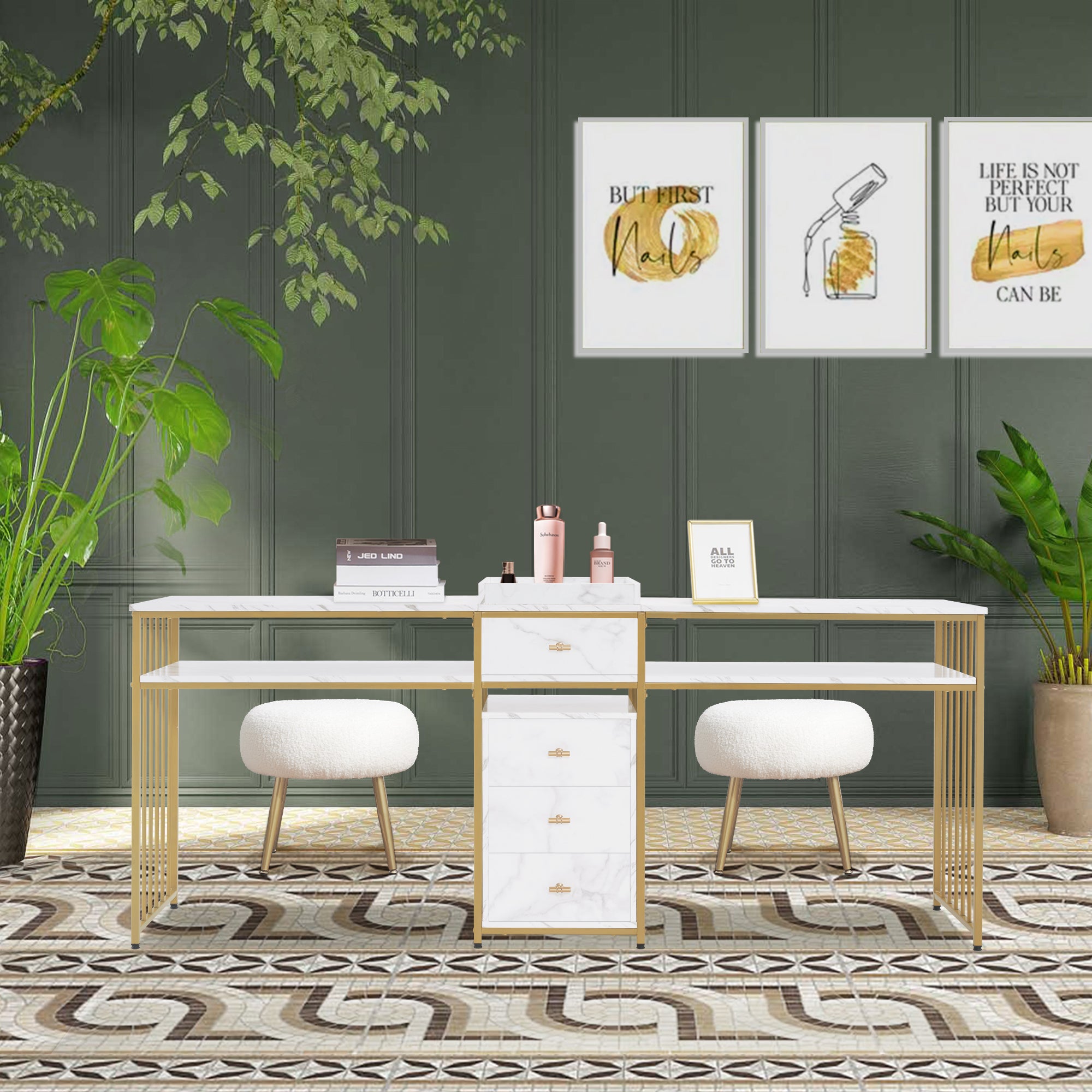 MCombo Tavolo doppio per manicure con cassetti e ripiano – Stile moderno, bianco effetto marmo e oro, 50 x 200 x 86 cm, 2413