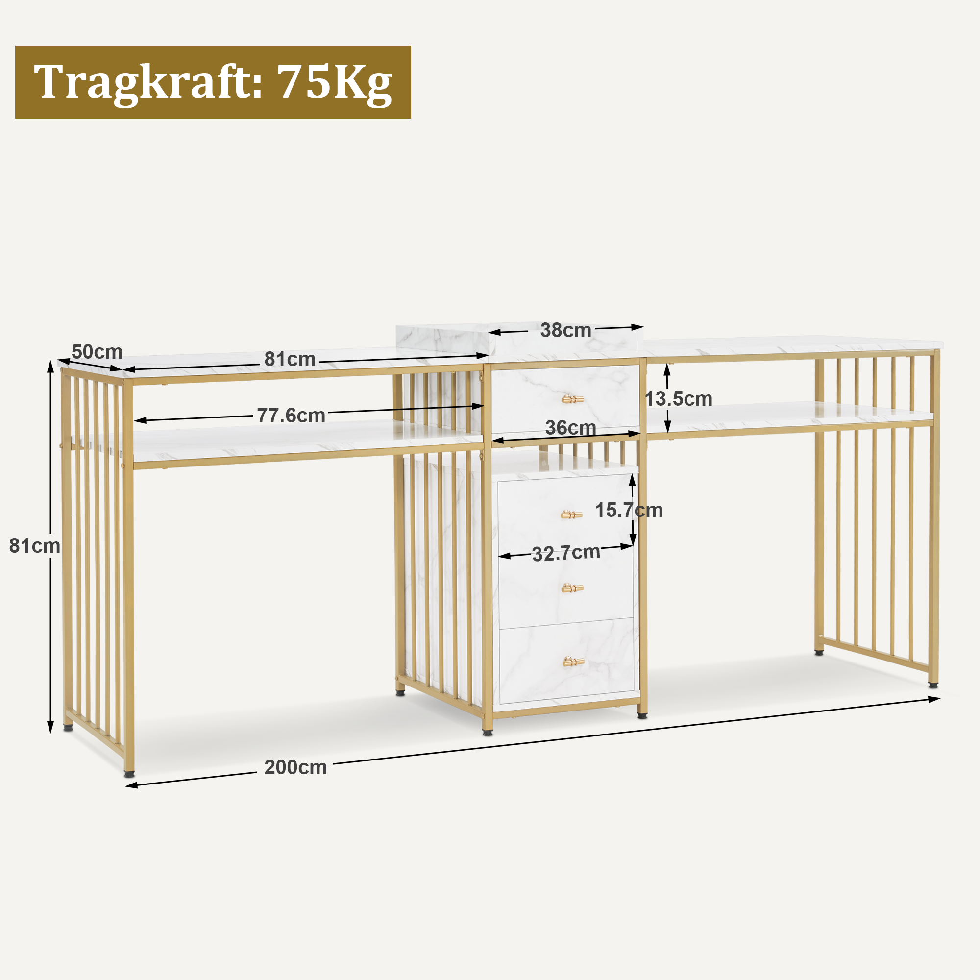 MCombo Tavolo doppio per manicure con cassetti e ripiano – Stile moderno, bianco effetto marmo e oro, 50 x 200 x 86 cm, 2413