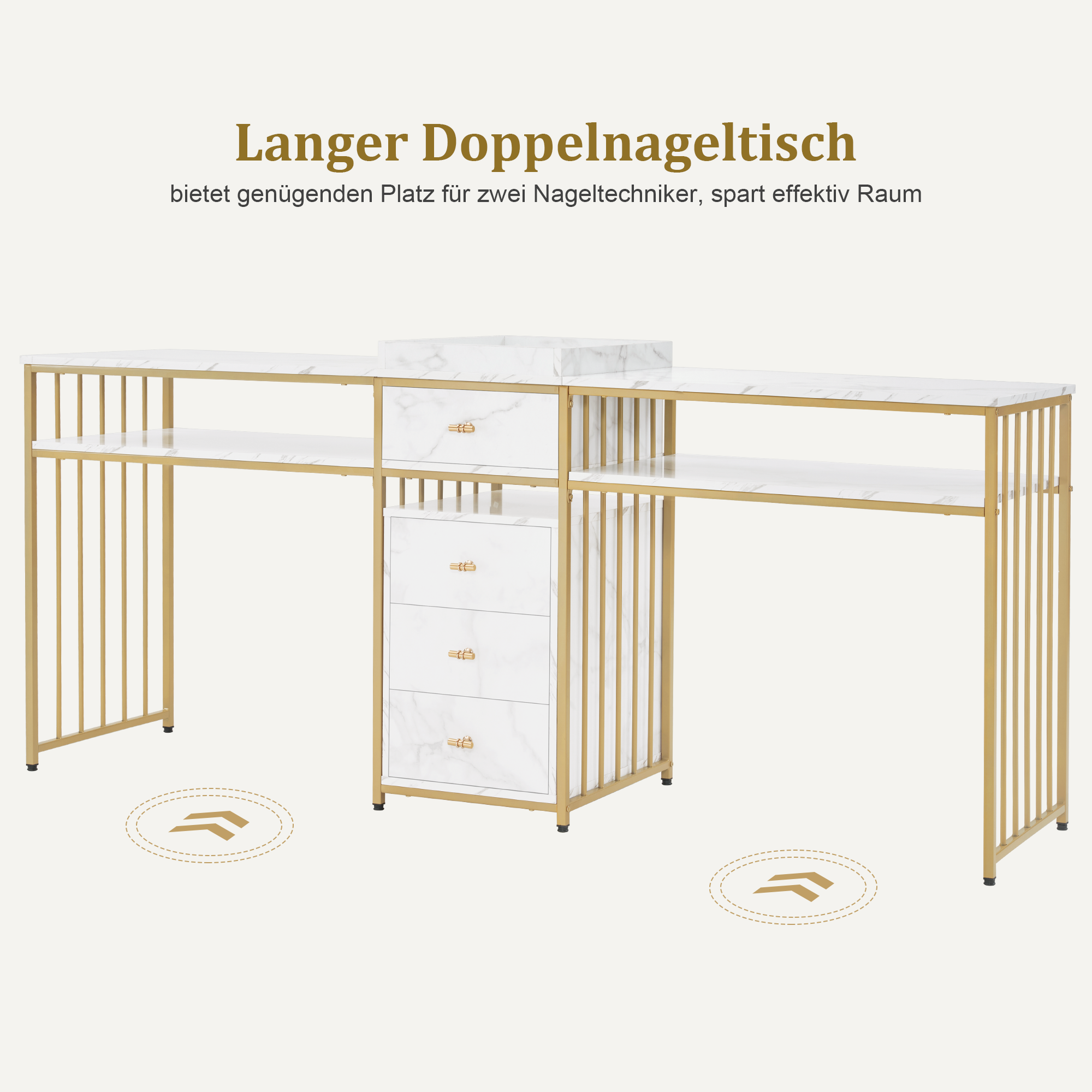 MCombo Tavolo doppio per manicure con cassetti e ripiano – Stile moderno, bianco effetto marmo e oro, 50 x 200 x 86 cm, 2413