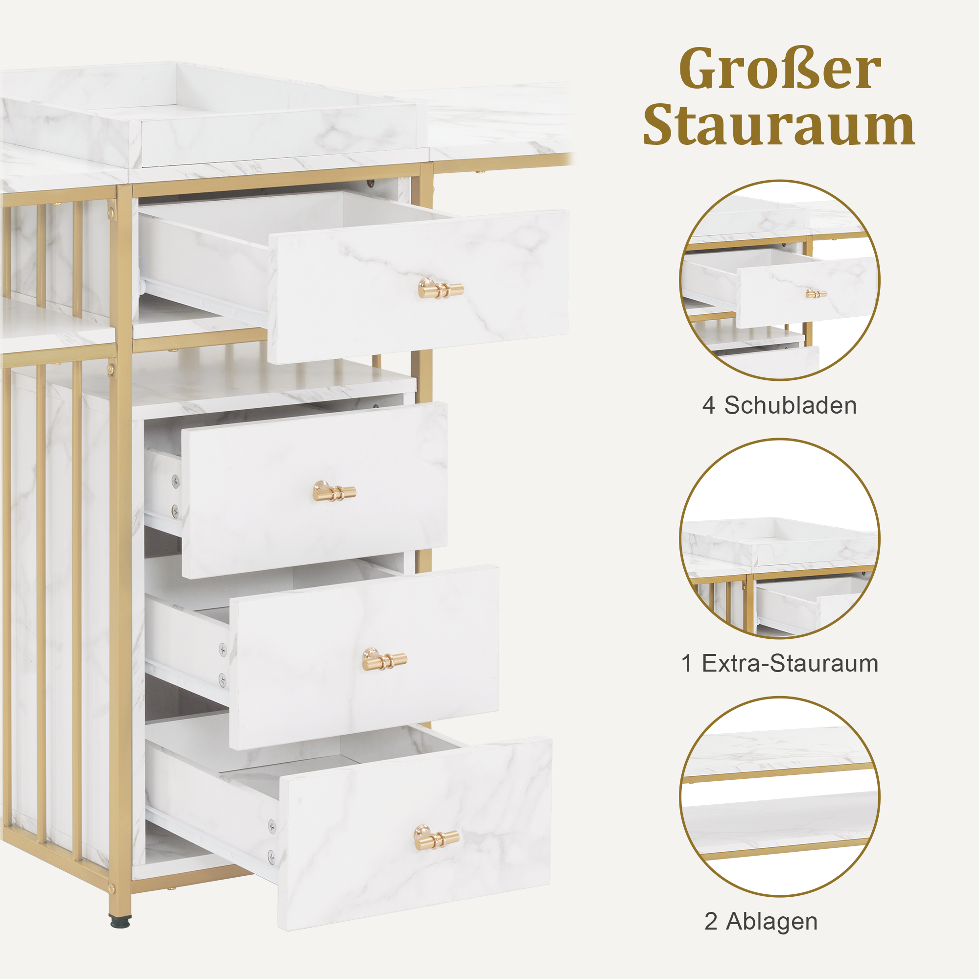 MCombo Tavolo doppio per manicure con cassetti e ripiano – Stile moderno, bianco effetto marmo e oro, 50 x 200 x 86 cm, 2413