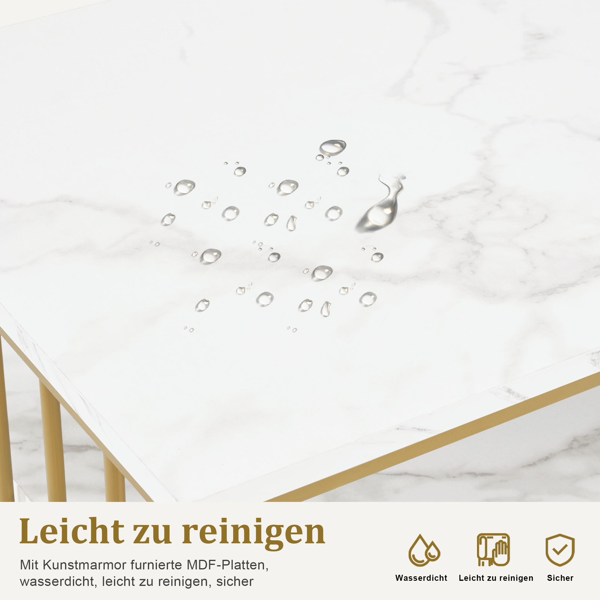 MCombo Tavolo doppio per manicure con cassetti e ripiano – Stile moderno, bianco effetto marmo e oro, 50 x 200 x 86 cm, 2413