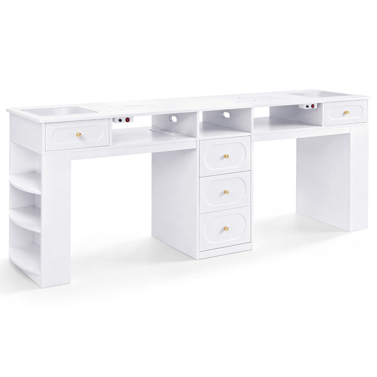 M MCombo Doppelnageltisch mit 5 Schubladen, 2 Regalen, 3 Ablagen & 2 Glasplatten, Manikürtisch mit 2 Absaugungen, Nagelfrisiertisch Holz, Schreibtisch für Nagelstudio Weiß, 55x202x80cm, 2S-2442