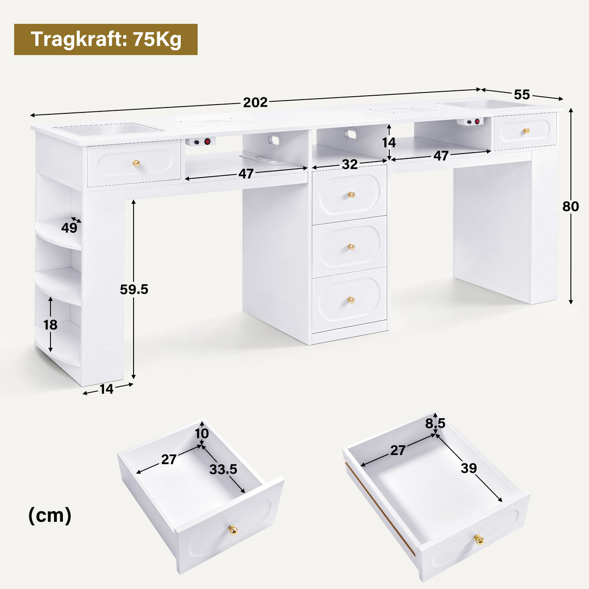 M MCombo Doppelnageltisch mit 5 Schubladen, 2 Regalen, 3 Ablagen & 2 Glasplatten, Manikürtisch mit 2 Absaugungen, Nagelfrisiertisch Holz, Schreibtisch für Nagelstudio Weiß, 55x202x80cm, 2S-2442