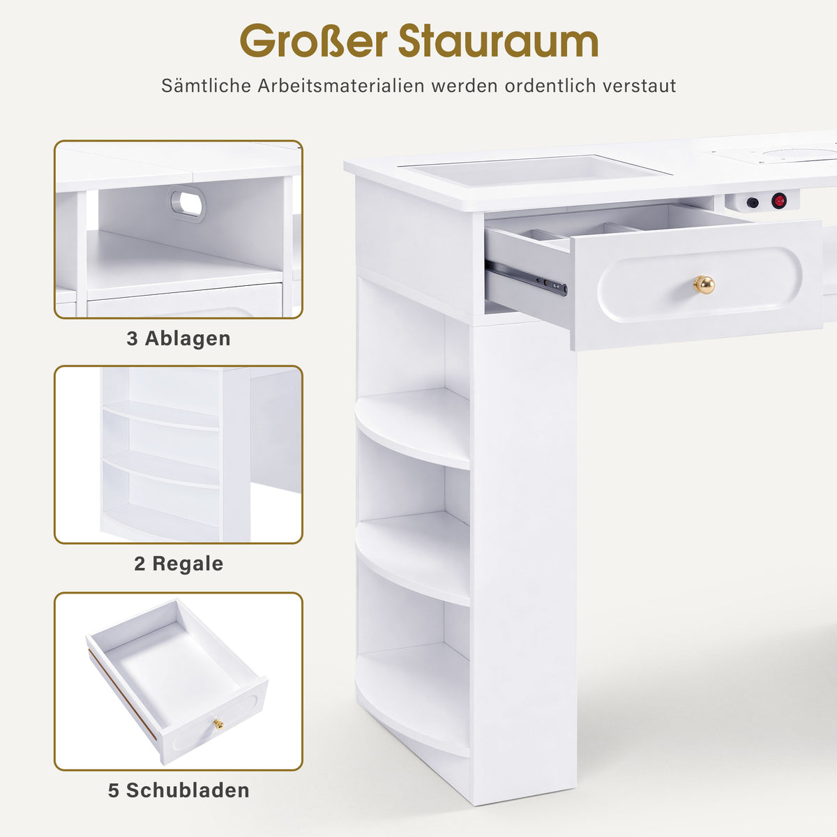 M MCombo Doppelnageltisch mit 5 Schubladen, 2 Regalen, 3 Ablagen & 2 Glasplatten, Manikürtisch mit 2 Absaugungen, Nagelfrisiertisch Holz, Schreibtisch für Nagelstudio Weiß, 55x202x80cm, 2S-2442