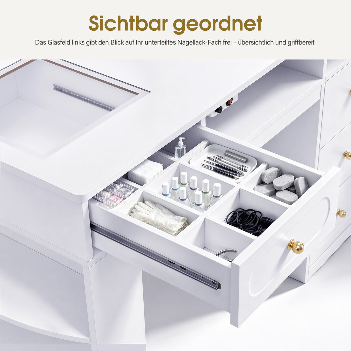 M MCombo Doppelnageltisch mit 5 Schubladen, 2 Regalen, 3 Ablagen & 2 Glasplatten, Manikürtisch mit 2 Absaugungen, Nagelfrisiertisch Holz, Schreibtisch für Nagelstudio Weiß, 55x202x80cm, 2S-2442