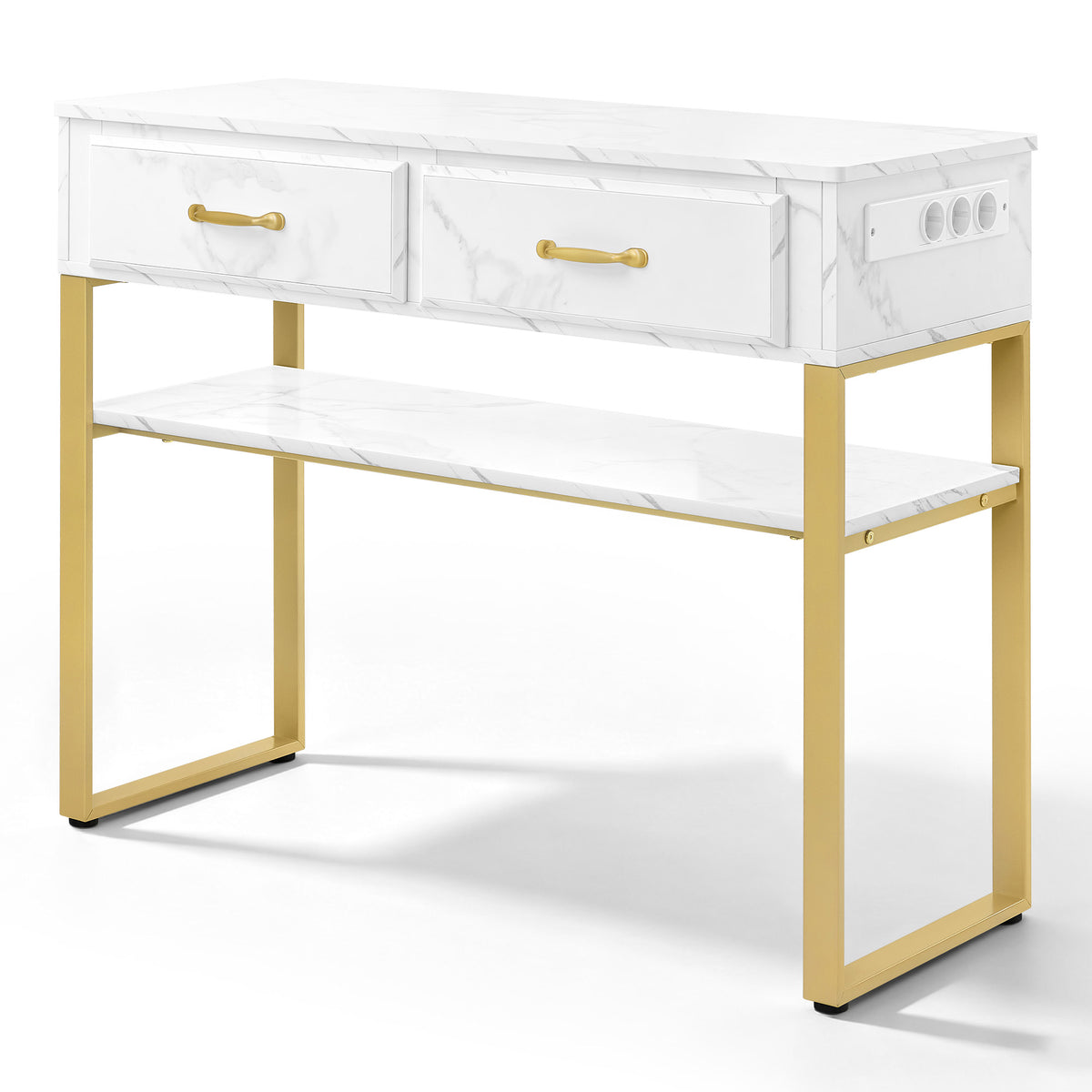M MCombo Friseurtisch mit 2 Schubladen & Offener Ablage, Schreibtisch Marmor-Weiß Gold, Schminktisch ohne Spiegel, Friseurplatz für Friseursalon, Computertisch Schlafzimmer, 40x100x80cm, 3579