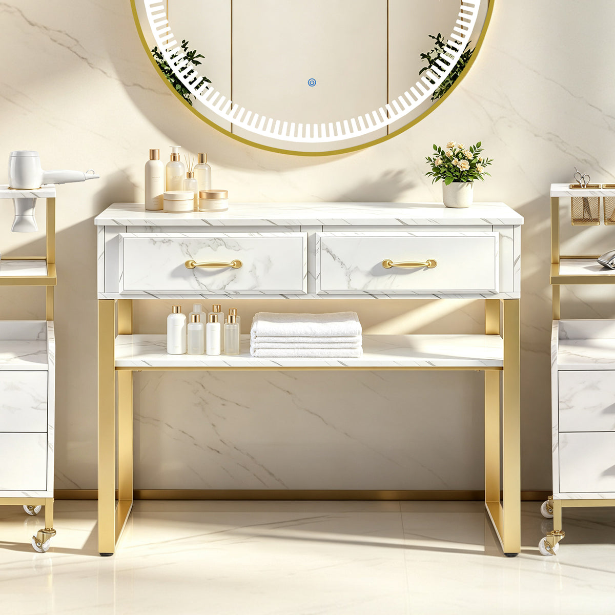 M MCombo Friseurtisch mit 2 Schubladen & Offener Ablage, Schreibtisch Marmor-Weiß Gold, Schminktisch ohne Spiegel, Friseurplatz für Friseursalon, Computertisch Schlafzimmer, 40x100x80cm, 3579