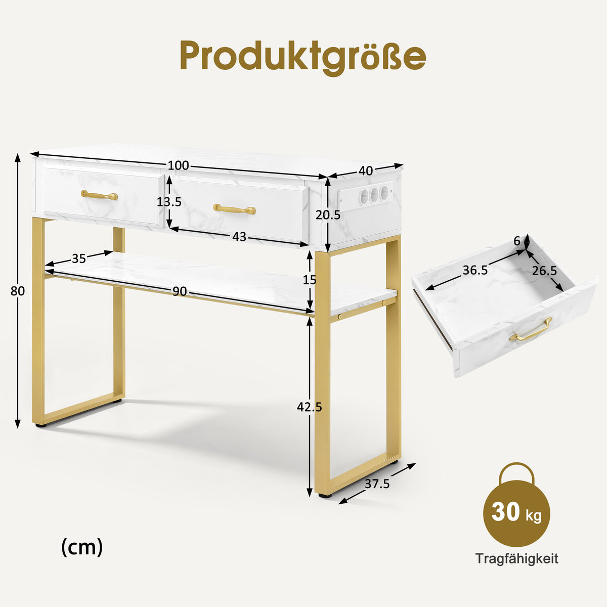 M MCombo Friseurtisch mit 2 Schubladen & Offener Ablage, Schreibtisch Marmor-Weiß Gold, Schminktisch ohne Spiegel, Friseurplatz für Friseursalon, Computertisch Schlafzimmer, 40x100x80cm, 3579