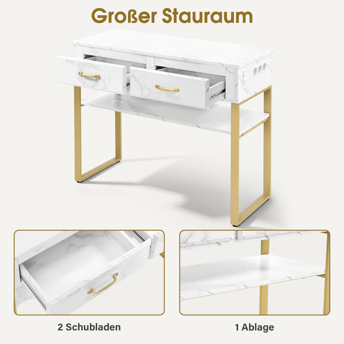 M MCombo Friseurtisch mit 2 Schubladen & Offener Ablage, Schreibtisch Marmor-Weiß Gold, Schminktisch ohne Spiegel, Friseurplatz für Friseursalon, Computertisch Schlafzimmer, 40x100x80cm, 3579