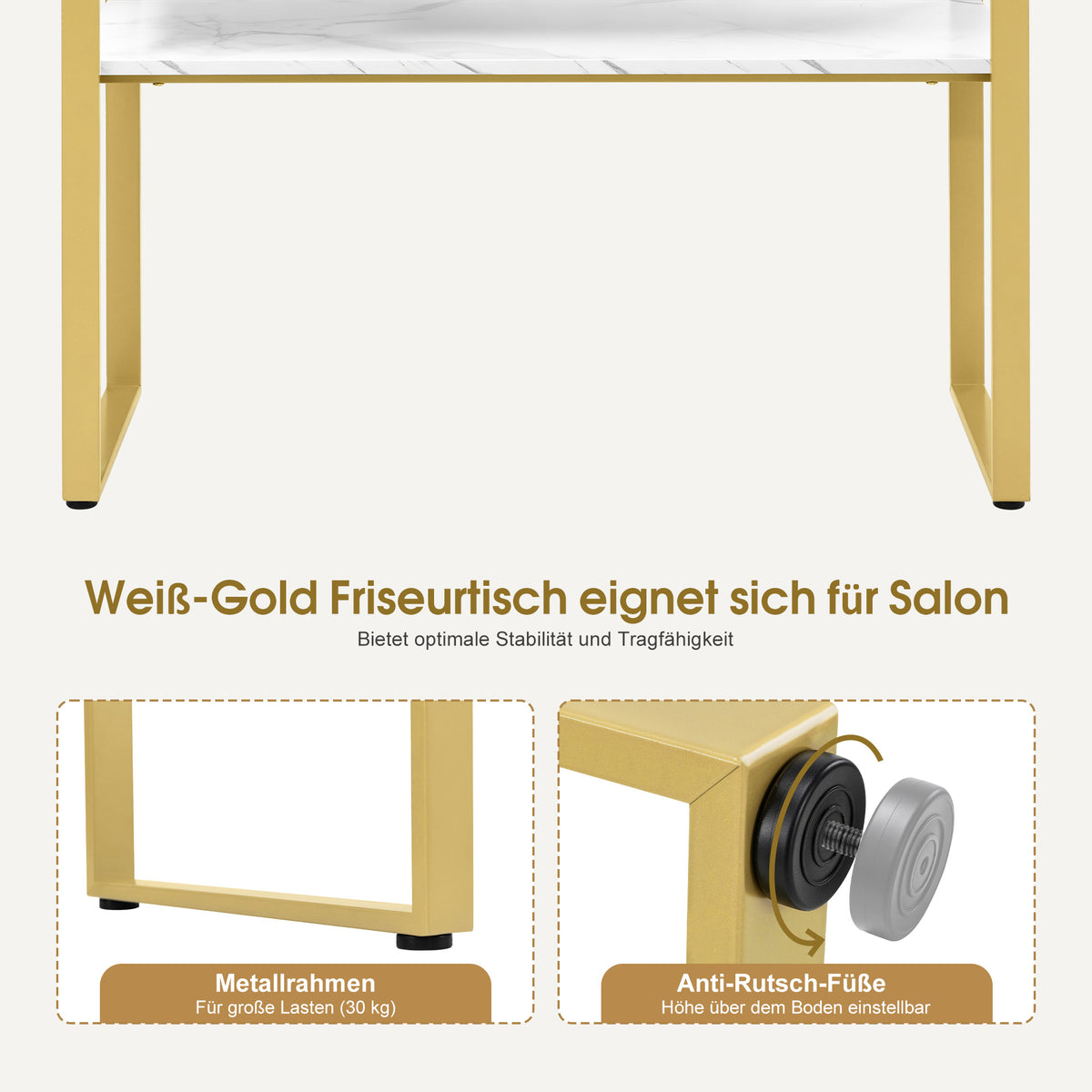 M MCombo Friseurtisch mit 2 Schubladen & Offener Ablage, Schreibtisch Marmor-Weiß Gold, Schminktisch ohne Spiegel, Friseurplatz für Friseursalon, Computertisch Schlafzimmer, 40x100x80cm, 3579