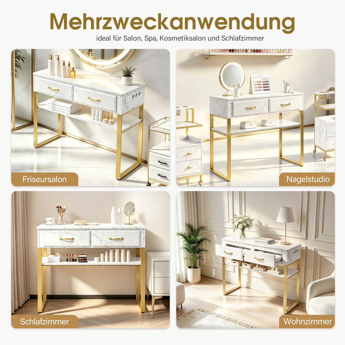 M MCombo Friseurtisch mit 2 Schubladen & Offener Ablage, Schreibtisch Marmor-Weiß Gold, Schminktisch ohne Spiegel, Friseurplatz für Friseursalon, Computertisch Schlafzimmer, 40x100x80cm, 3579