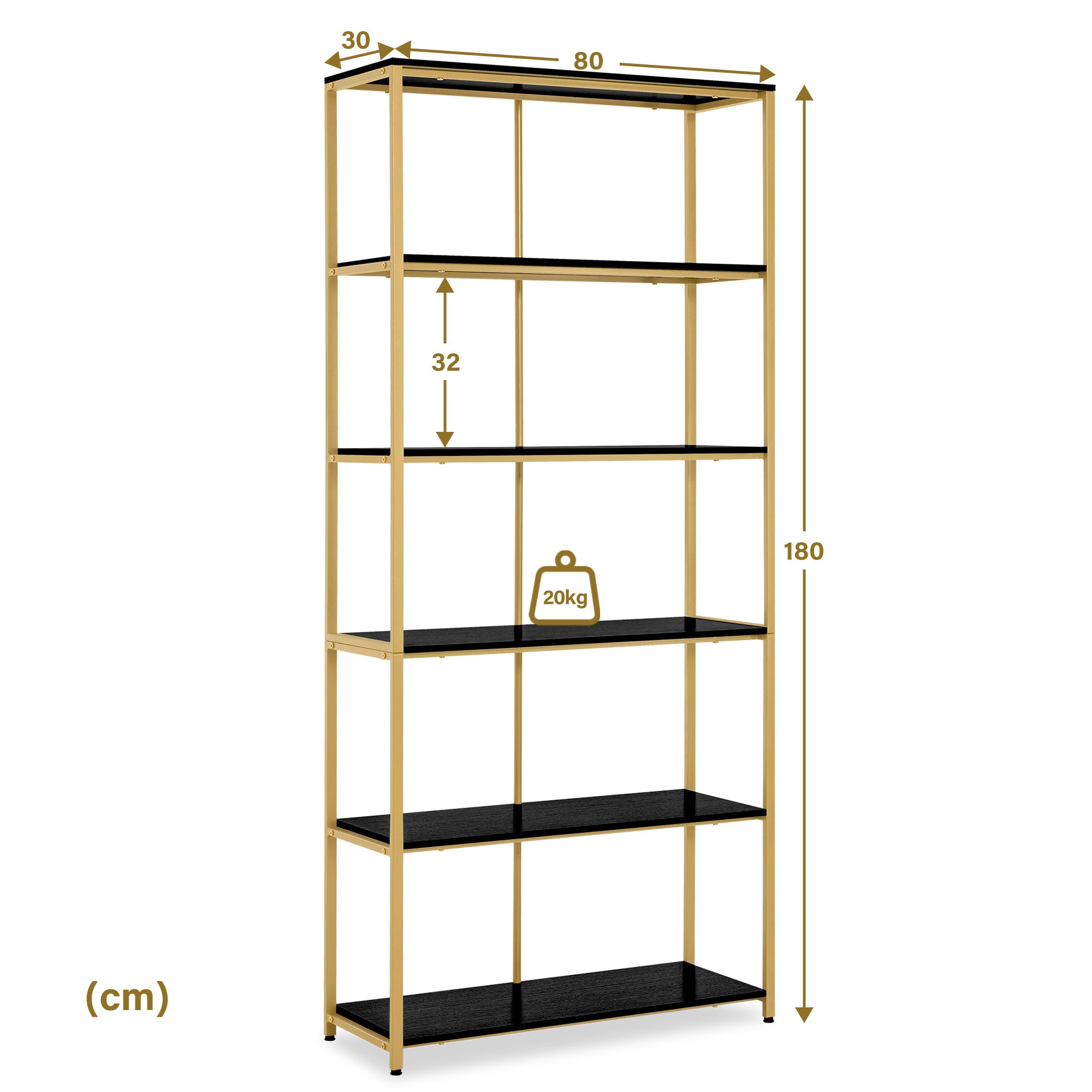 MCombo Libreria color oro, scaffale autoportante a 5 ripiani con struttura in metallo; ideale per ufficio, soggiorno, camera da letto, cucina o centro estetico; 30x80x180 cm, 5166