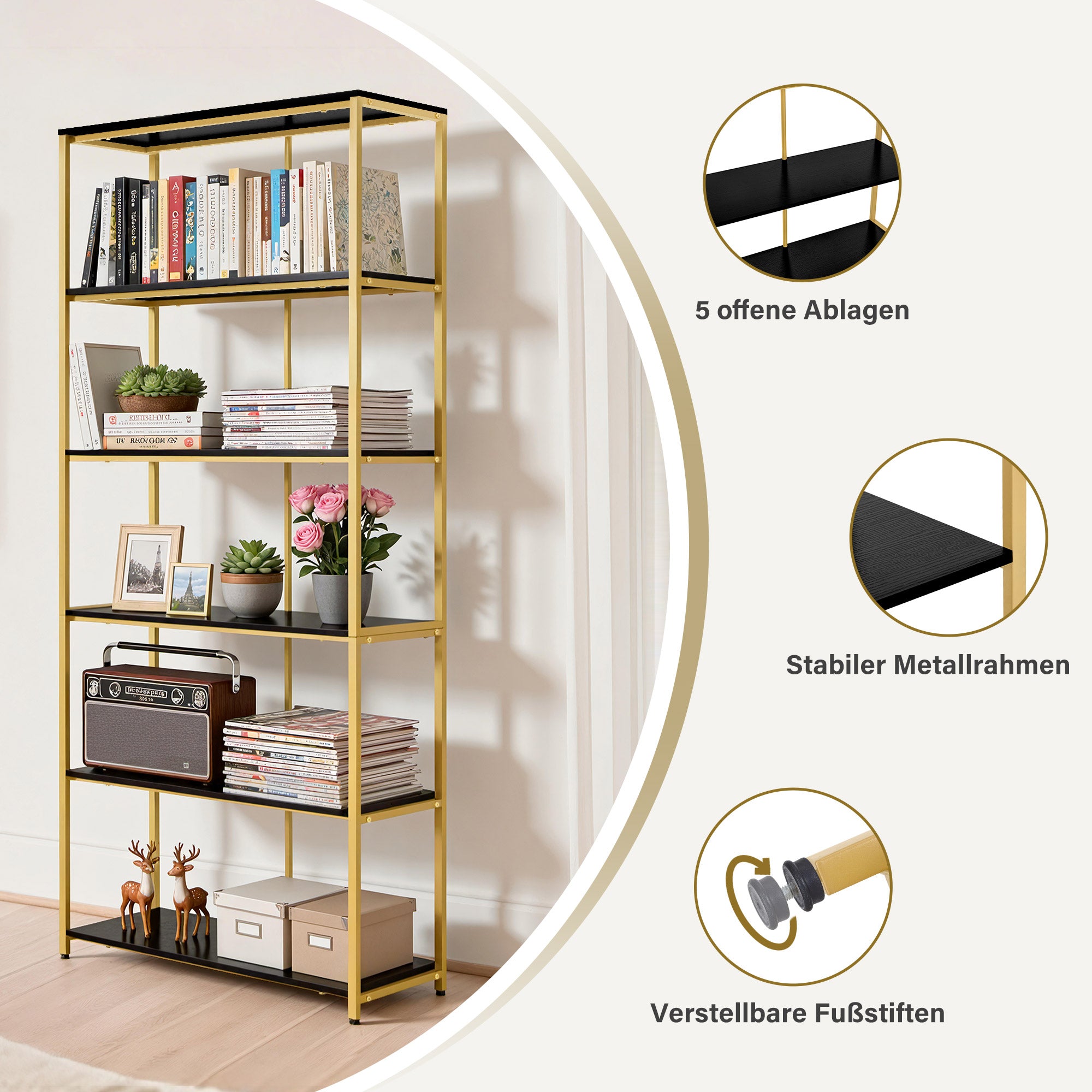 MCombo Libreria color oro, scaffale autoportante a 5 ripiani con struttura in metallo; ideale per ufficio, soggiorno, camera da letto, cucina o centro estetico; 30x80x180 cm, 5166