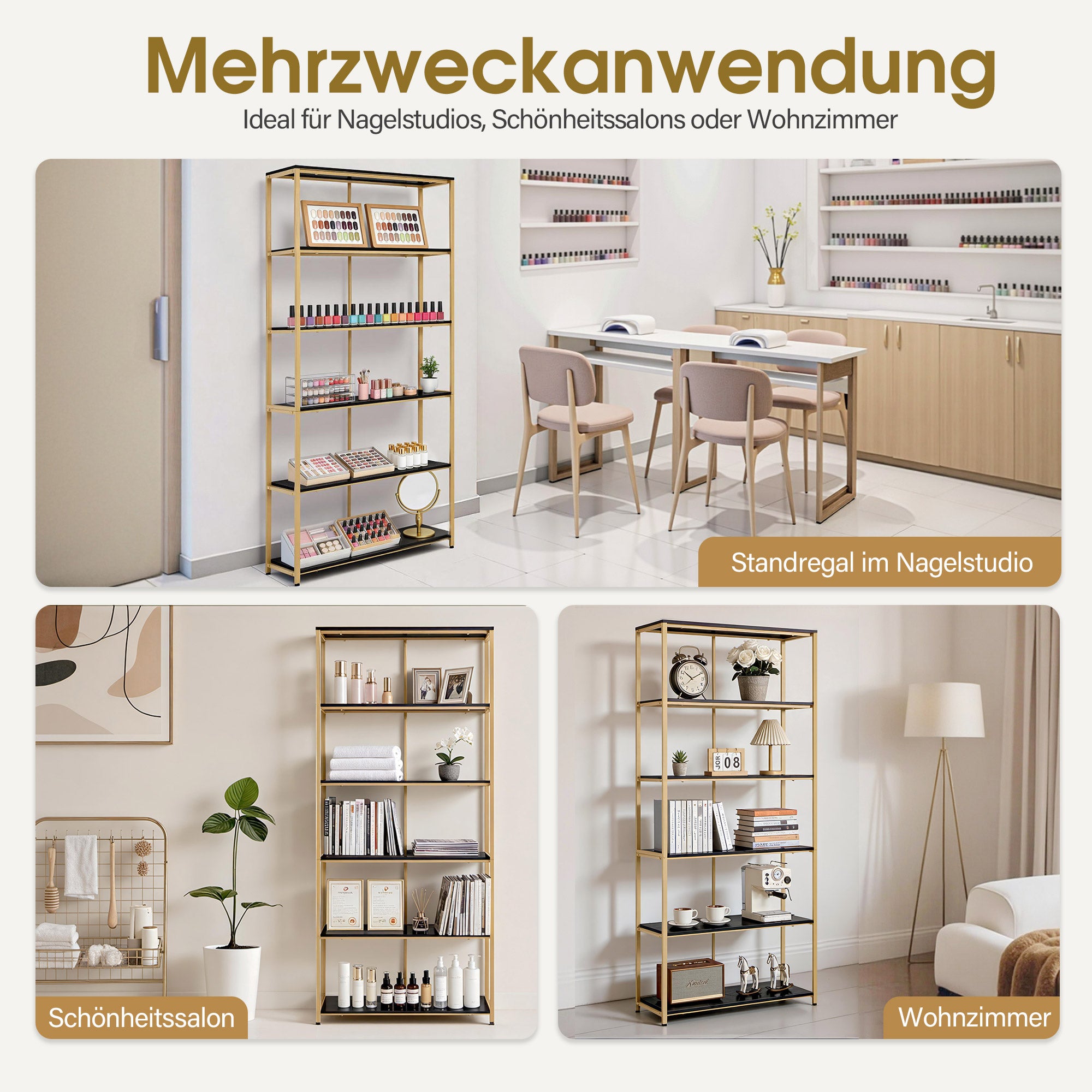 MCombo Libreria color oro, scaffale autoportante a 5 ripiani con struttura in metallo; ideale per ufficio, soggiorno, camera da letto, cucina o centro estetico; 30x80x180 cm, 5166