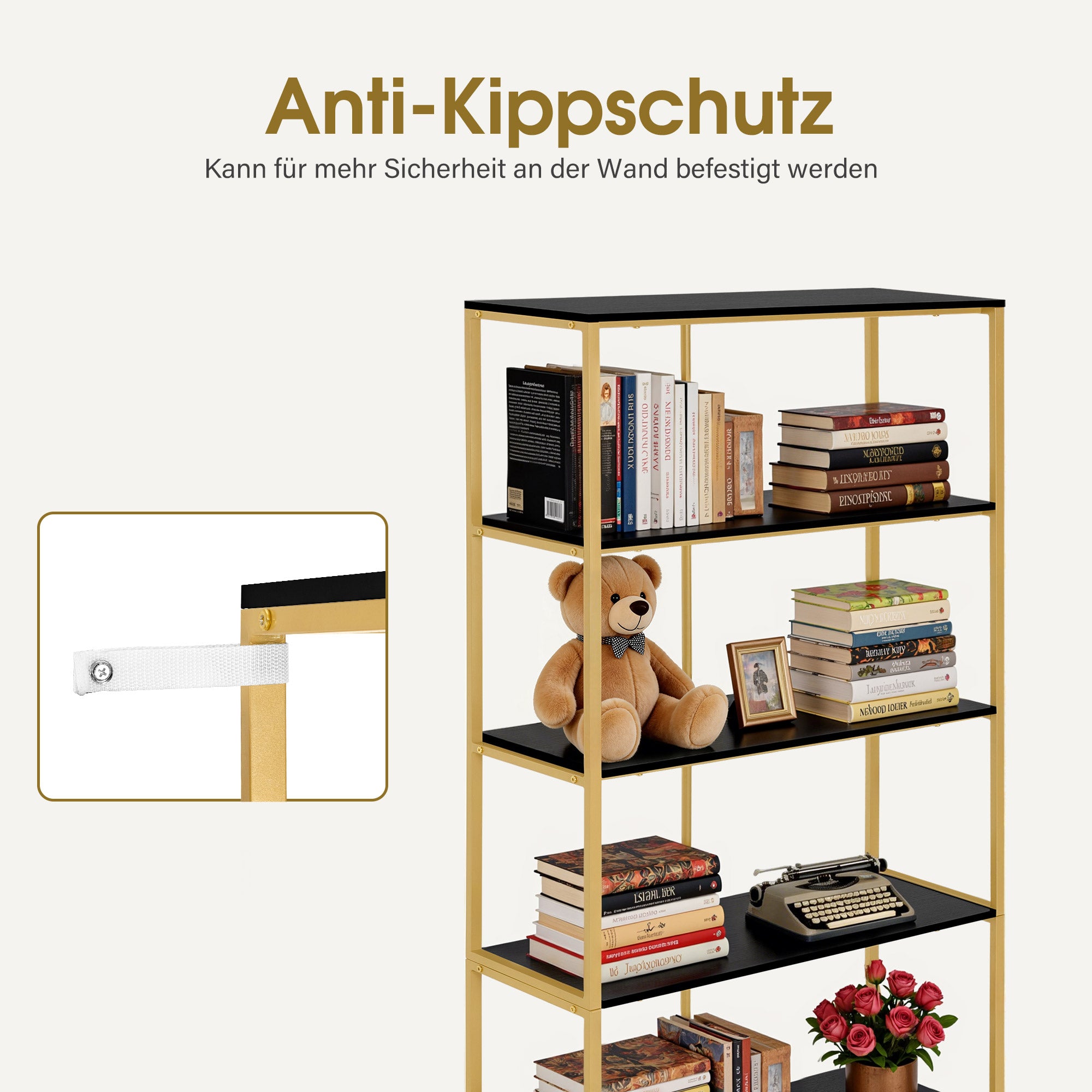 MCombo Libreria color oro, scaffale autoportante a 5 ripiani con struttura in metallo; ideale per ufficio, soggiorno, camera da letto, cucina o centro estetico; 30x80x180 cm, 5166