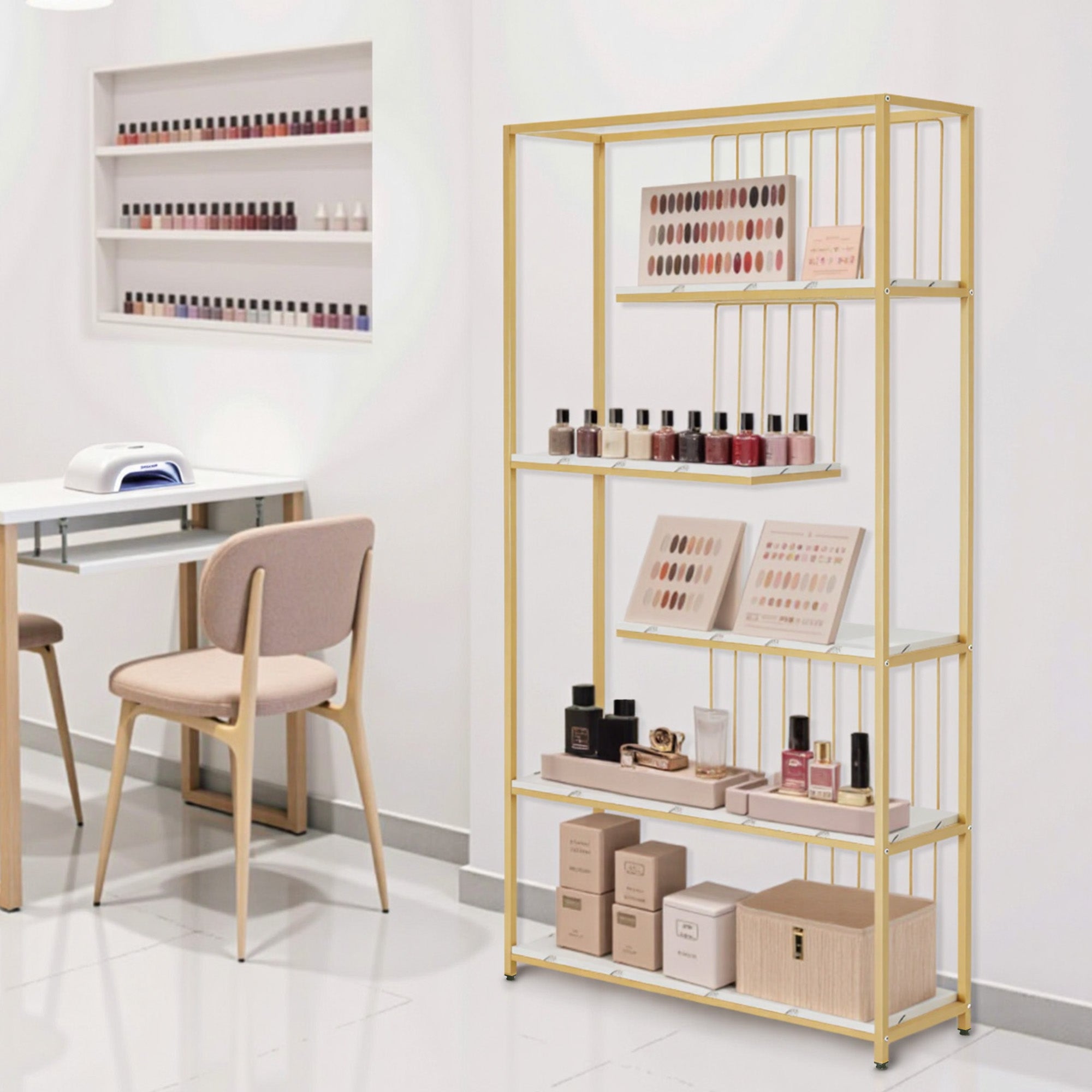 MCombo Libreria, scaffale autoportante a 5 ripiani con struttura in metallo; ideale per ufficio, soggiorno, camera da letto, cucina, centro estetico; finitura bianco effetto marmo e oro; 30x100x180 cm; 5177