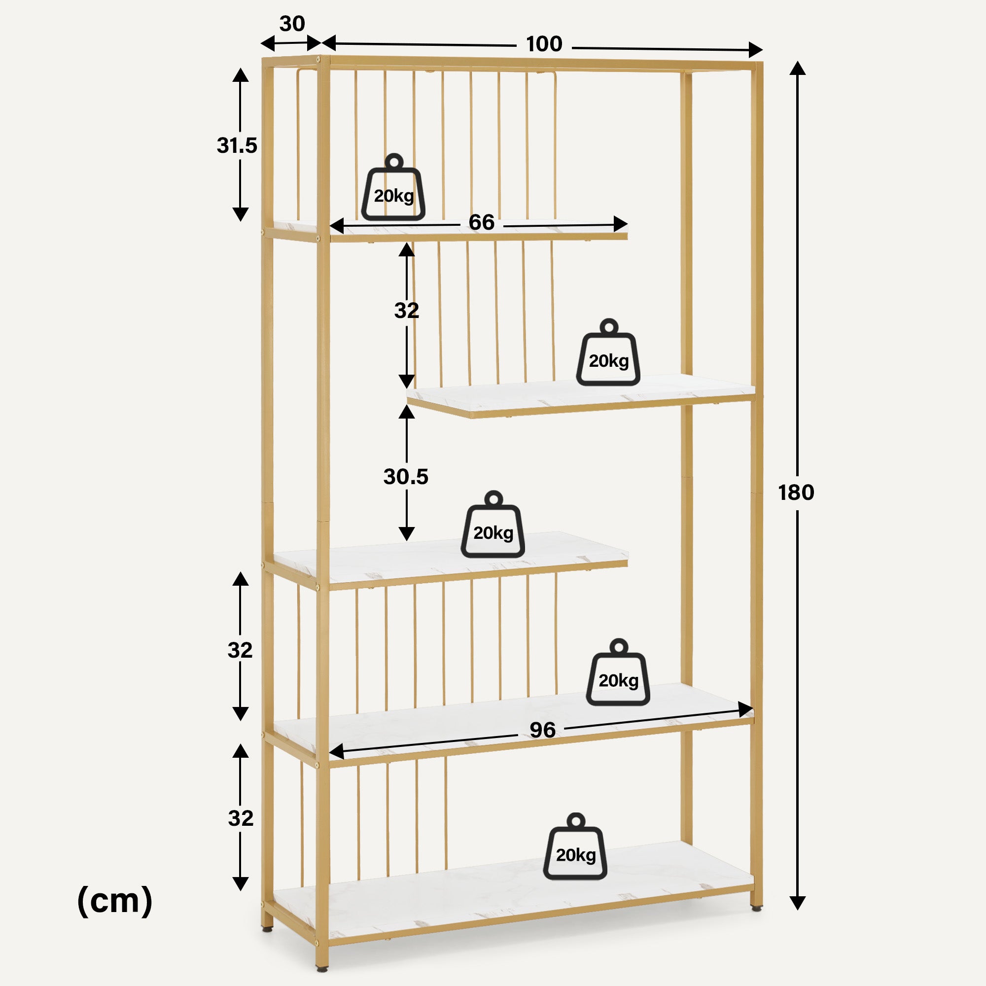 MCombo Libreria, scaffale autoportante a 5 ripiani con struttura in metallo; ideale per ufficio, soggiorno, camera da letto, cucina, centro estetico; finitura bianco effetto marmo e oro; 30x100x180 cm; 5177