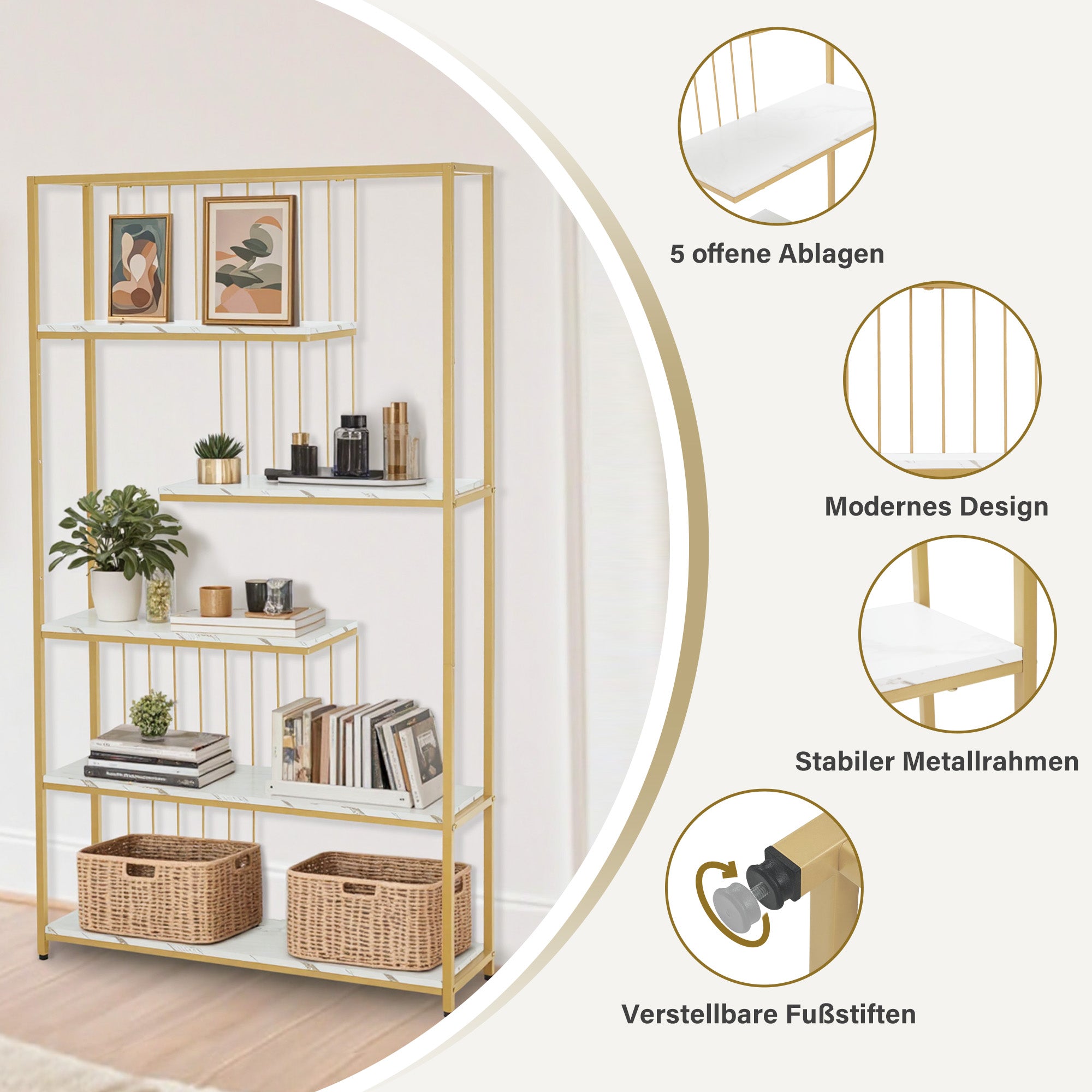 MCombo Libreria, scaffale autoportante a 5 ripiani con struttura in metallo; ideale per ufficio, soggiorno, camera da letto, cucina, centro estetico; finitura bianco effetto marmo e oro; 30x100x180 cm; 5177