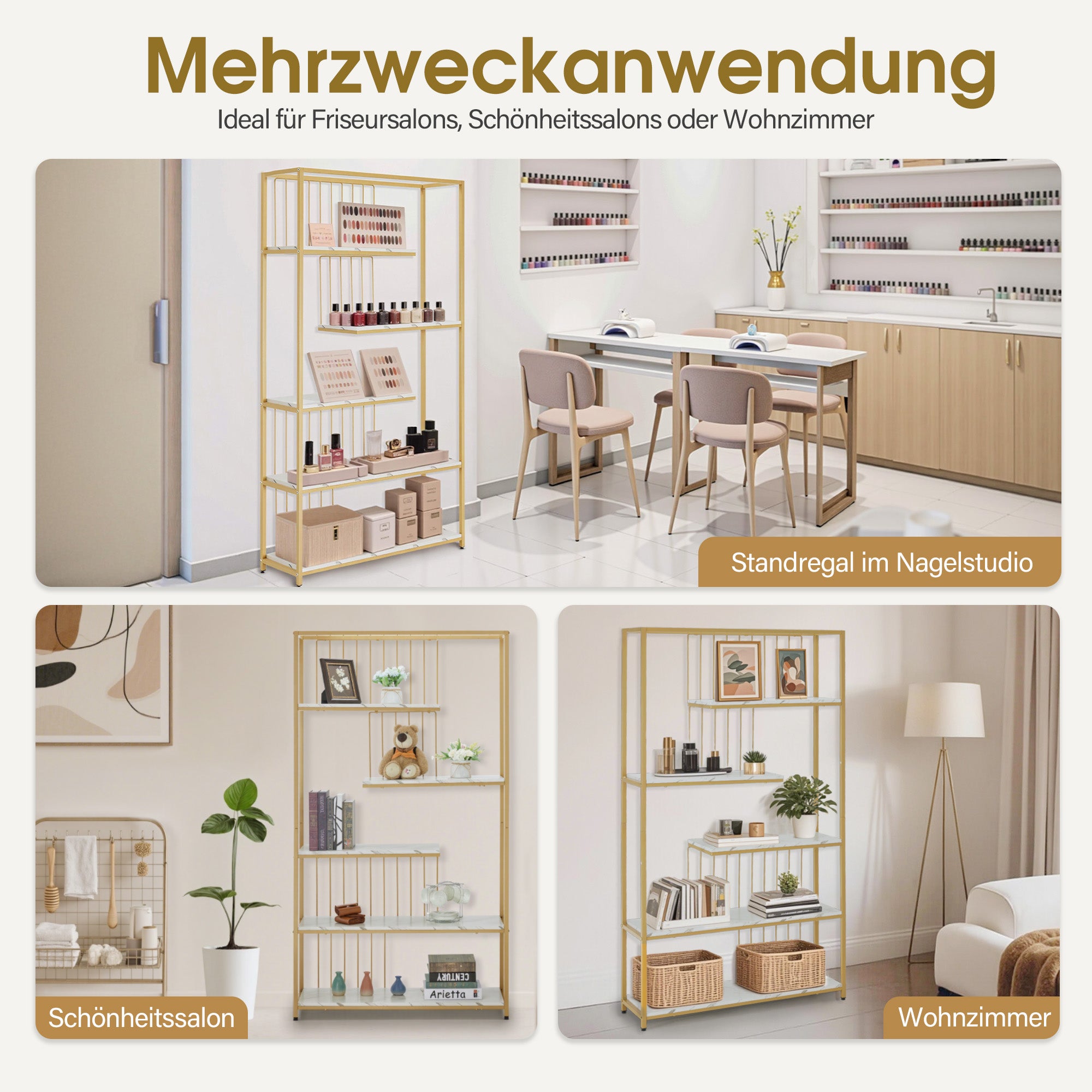 MCombo Libreria, scaffale autoportante a 5 ripiani con struttura in metallo; ideale per ufficio, soggiorno, camera da letto, cucina, centro estetico; finitura bianco effetto marmo e oro; 30x100x180 cm; 5177