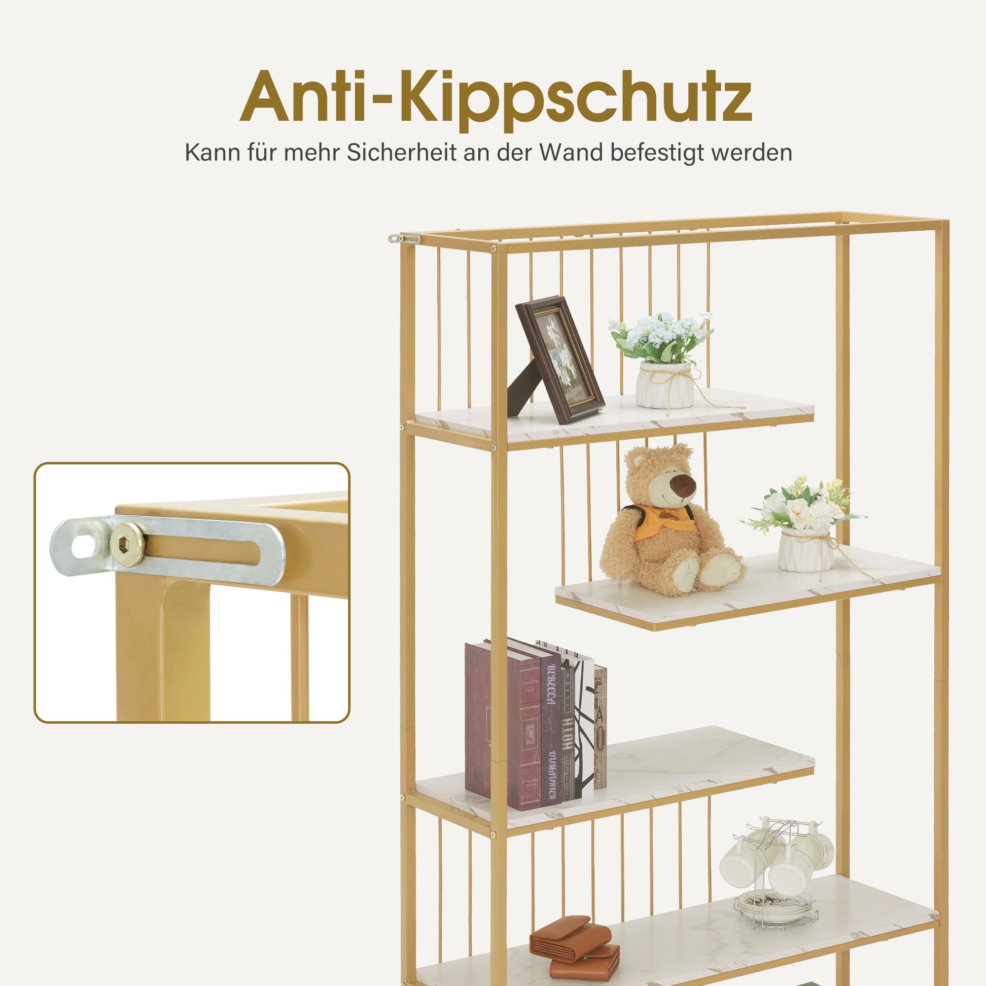 MCombo Libreria, scaffale autoportante a 5 ripiani con struttura in metallo; ideale per ufficio, soggiorno, camera da letto, cucina, centro estetico; finitura bianco effetto marmo e oro; 30x100x180 cm; 5177