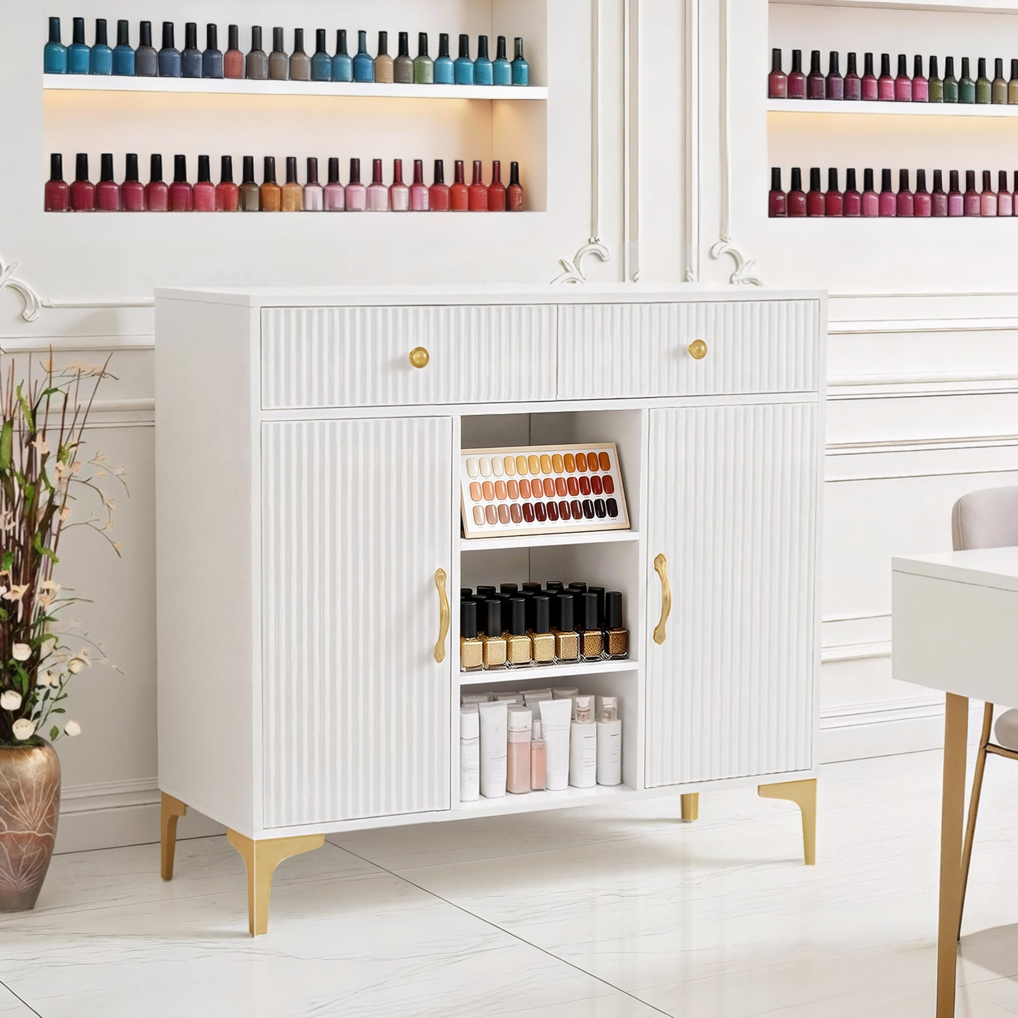 M MCombo Sideboard met 2 lades, badkamerkast met 3 open vakken & 2 verstelbare planken, keukenkast, commode wit, bijzetkast voor nagelstudio, badkast, 40x100x95cm, 6647