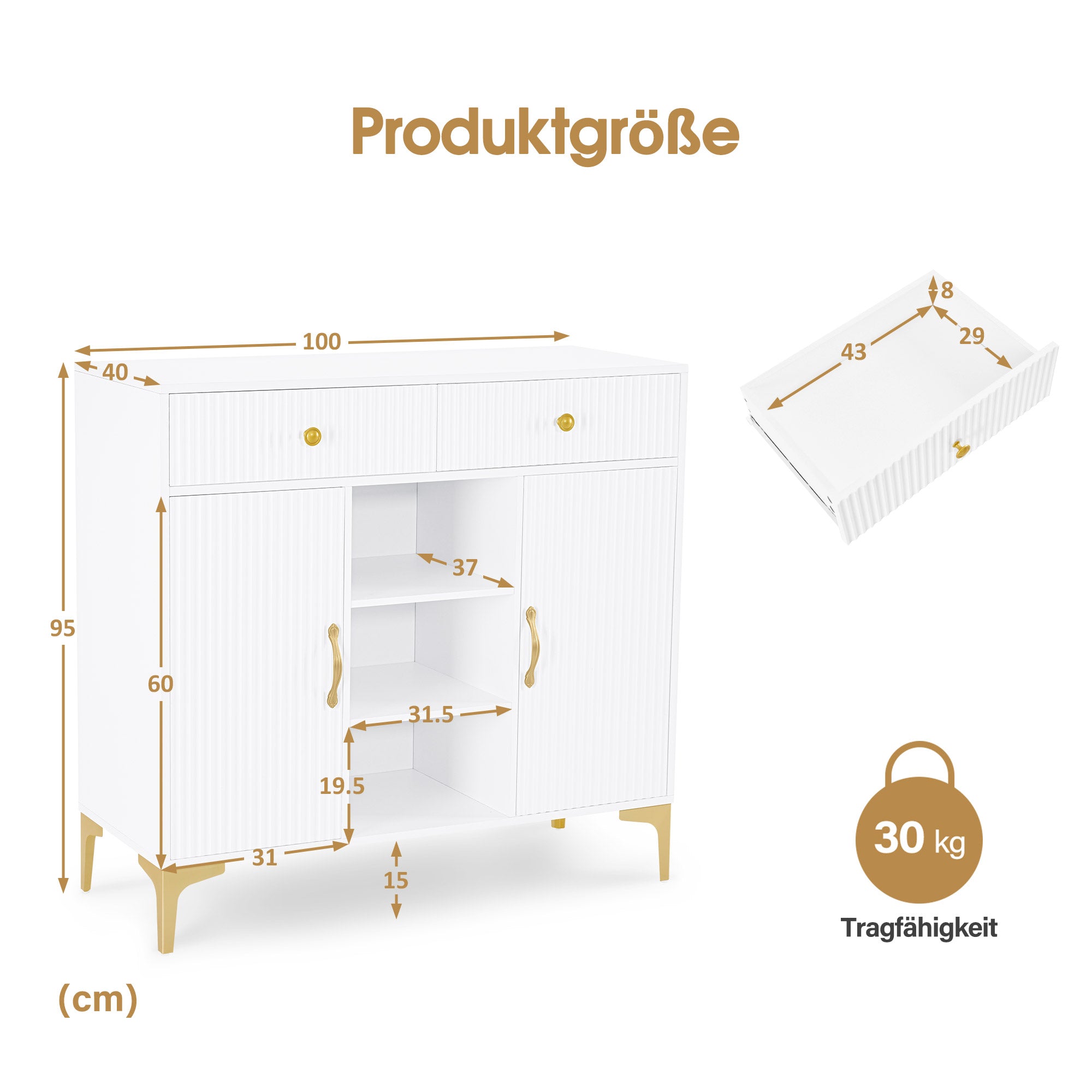 M MCombo Sideboard met 2 lades, badkamerkast met 3 open vakken & 2 verstelbare planken, keukenkast, commode wit, bijzetkast voor nagelstudio, badkast, 40x100x95cm, 6647