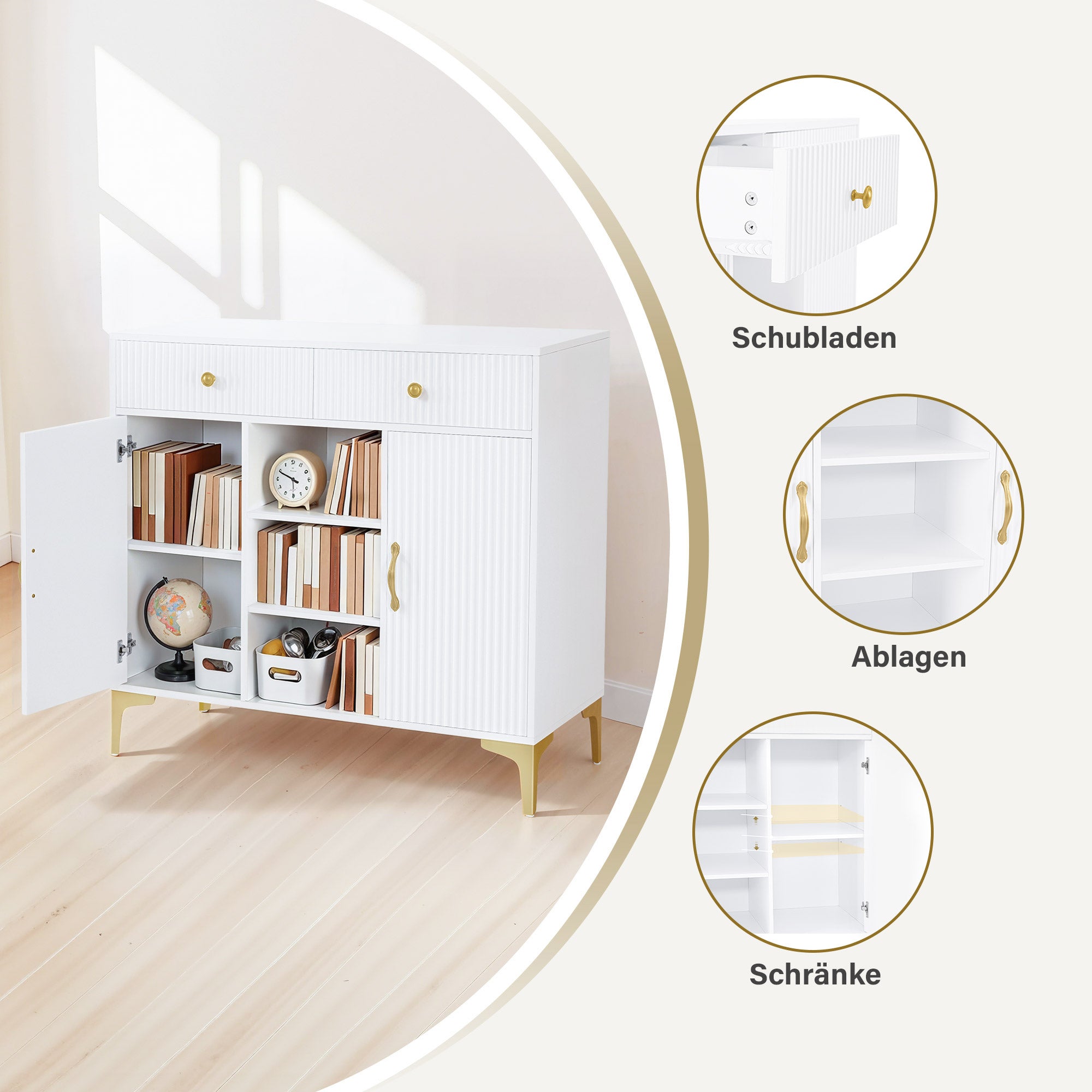 M MCombo Sideboard met 2 lades, badkamerkast met 3 open vakken & 2 verstelbare planken, keukenkast, commode wit, bijzetkast voor nagelstudio, badkast, 40x100x95cm, 6647
