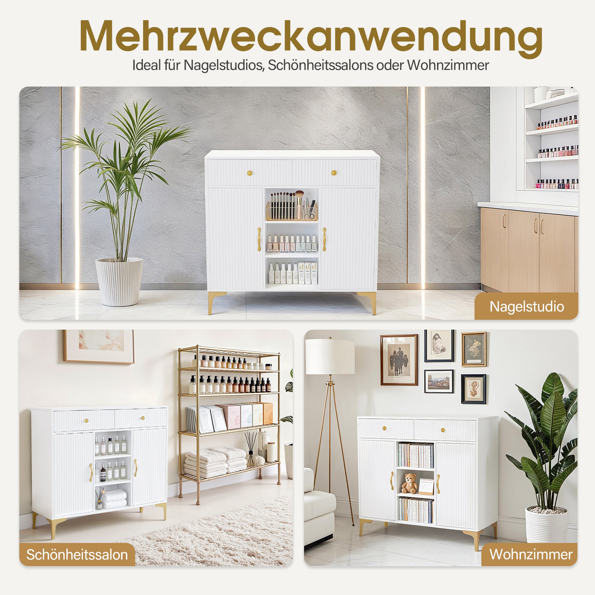 M MCombo Sideboard met 2 lades, badkamerkast met 3 open vakken & 2 verstelbare planken, keukenkast, commode wit, bijzetkast voor nagelstudio, badkast, 40x100x95cm, 6647