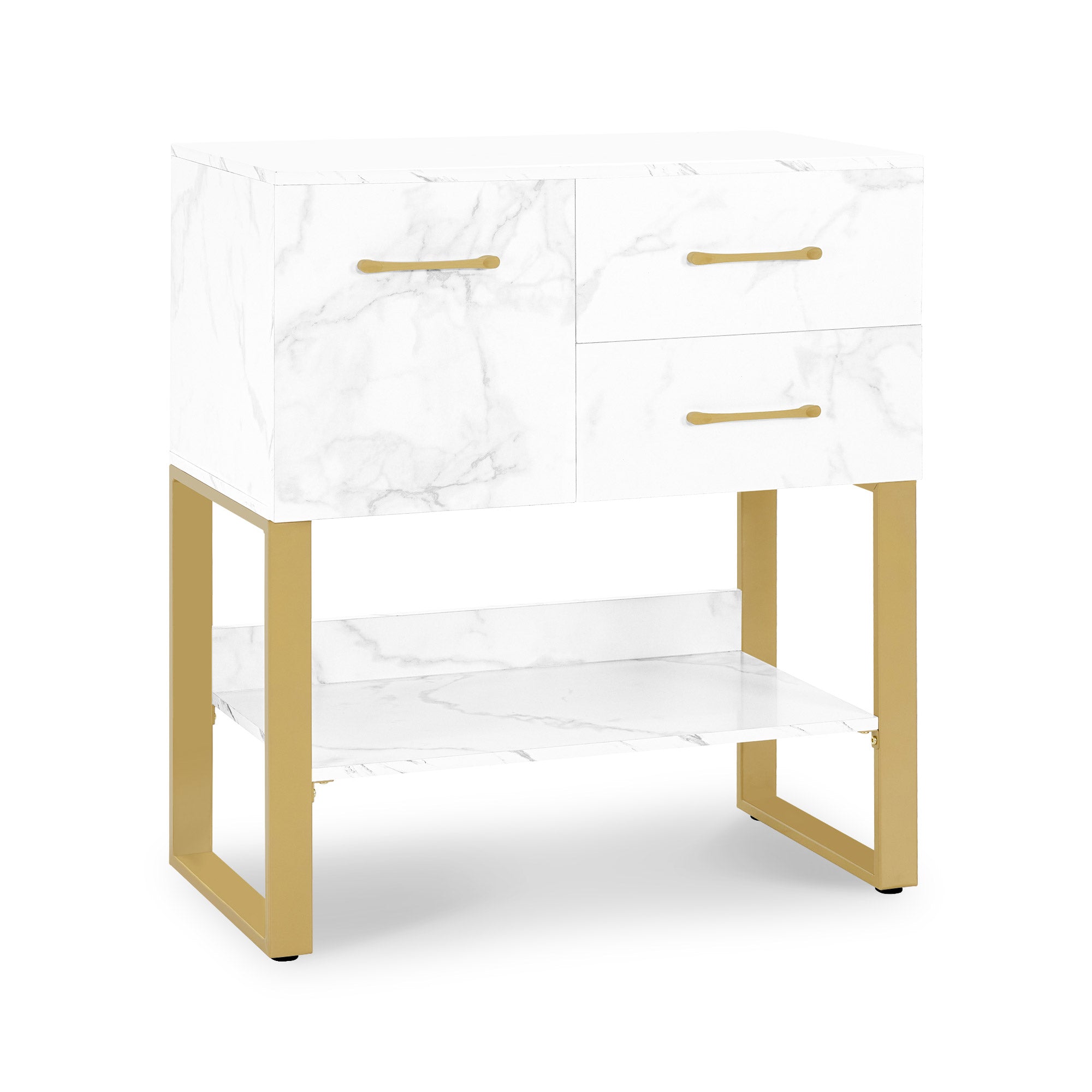 MCombo  Credenza con 2 cassetti, mobiletto da bagno con armadietto e ripiano a giorno, cassettiera con struttura in metallo, mobiletto laterale per parrucchiere, mobile contenitore marmo bianco oro, 40x80x90,5 cm, 6678