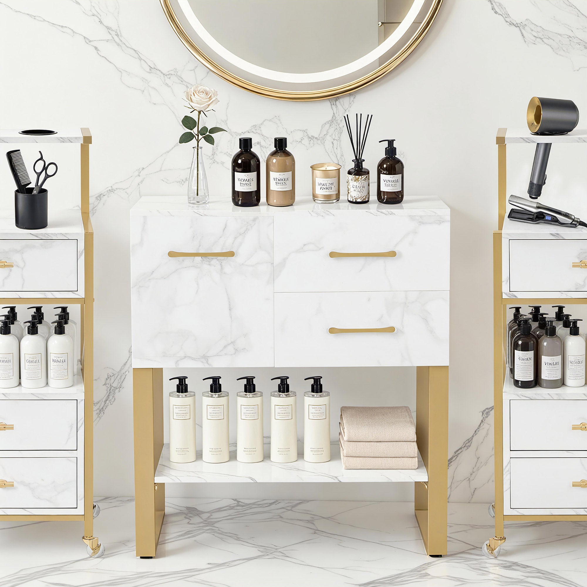 MCombo  Credenza con 2 cassetti, mobiletto da bagno con armadietto e ripiano a giorno, cassettiera con struttura in metallo, mobiletto laterale per parrucchiere, mobile contenitore marmo bianco oro, 40x80x90,5 cm, 6678