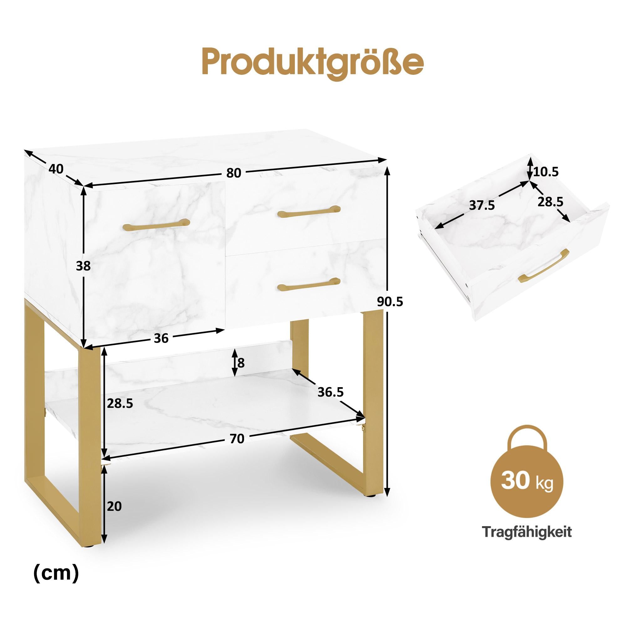 MCombo  Credenza con 2 cassetti, mobiletto da bagno con armadietto e ripiano a giorno, cassettiera con struttura in metallo, mobiletto laterale per parrucchiere, mobile contenitore marmo bianco oro, 40x80x90,5 cm, 6678