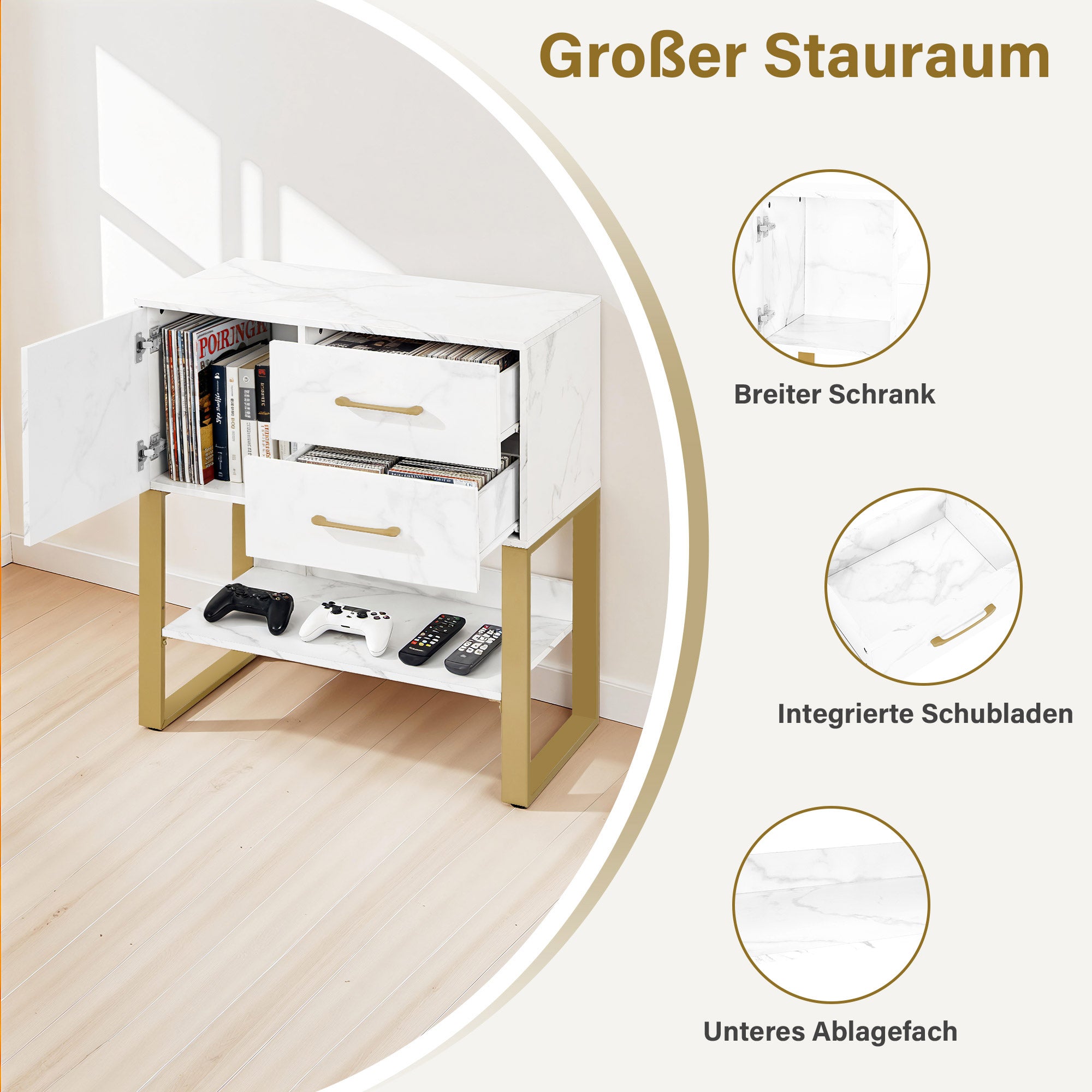 MCombo  Credenza con 2 cassetti, mobiletto da bagno con armadietto e ripiano a giorno, cassettiera con struttura in metallo, mobiletto laterale per parrucchiere, mobile contenitore marmo bianco oro, 40x80x90,5 cm, 6678