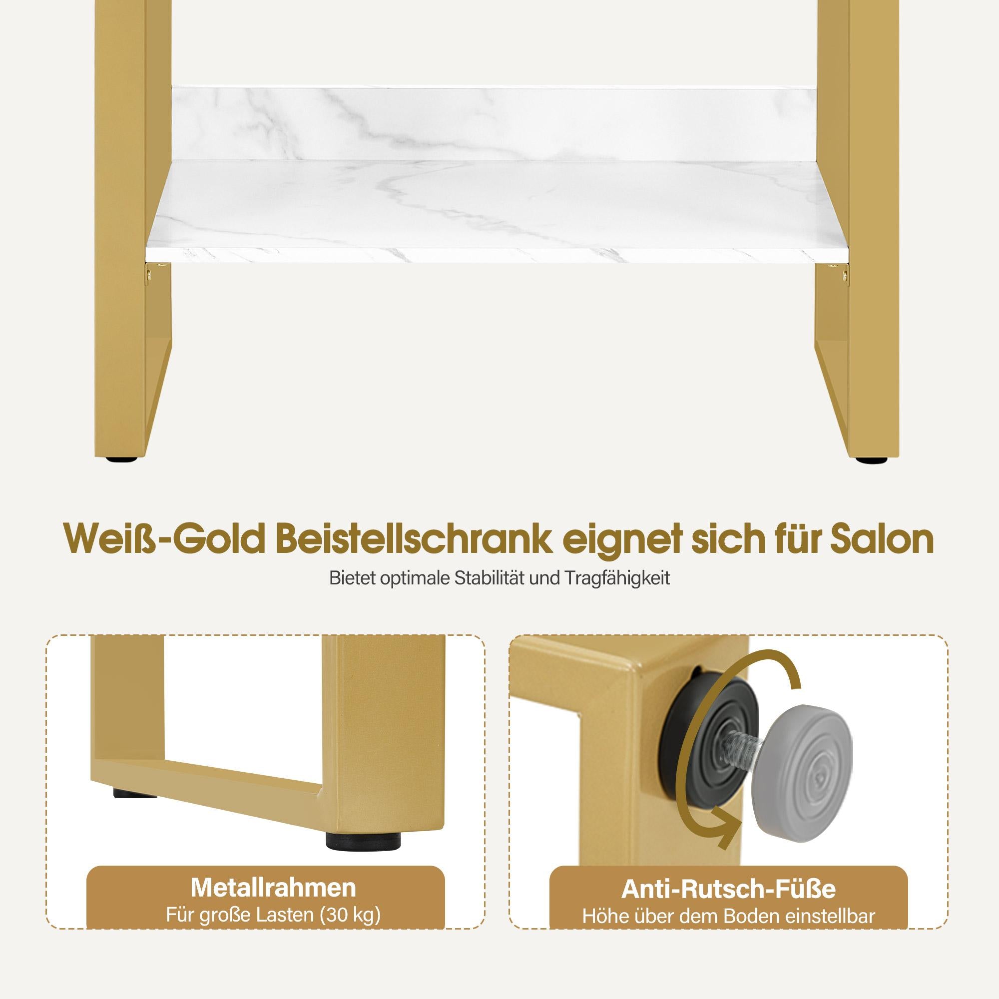 MCombo  Credenza con 2 cassetti, mobiletto da bagno con armadietto e ripiano a giorno, cassettiera con struttura in metallo, mobiletto laterale per parrucchiere, mobile contenitore marmo bianco oro, 40x80x90,5 cm, 6678