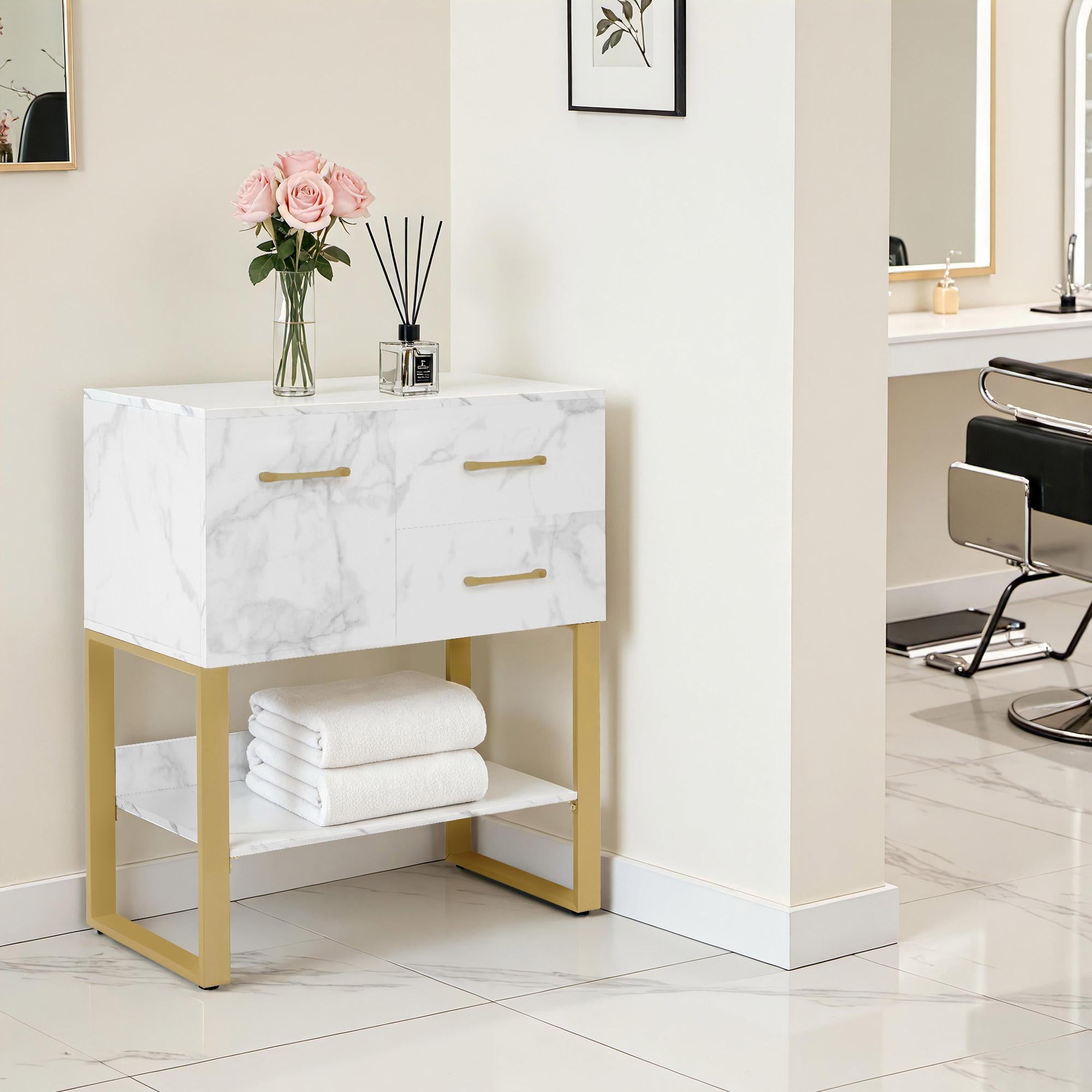 MCombo  Credenza con 2 cassetti, mobiletto da bagno con armadietto e ripiano a giorno, cassettiera con struttura in metallo, mobiletto laterale per parrucchiere, mobile contenitore marmo bianco oro, 40x80x90,5 cm, 6678