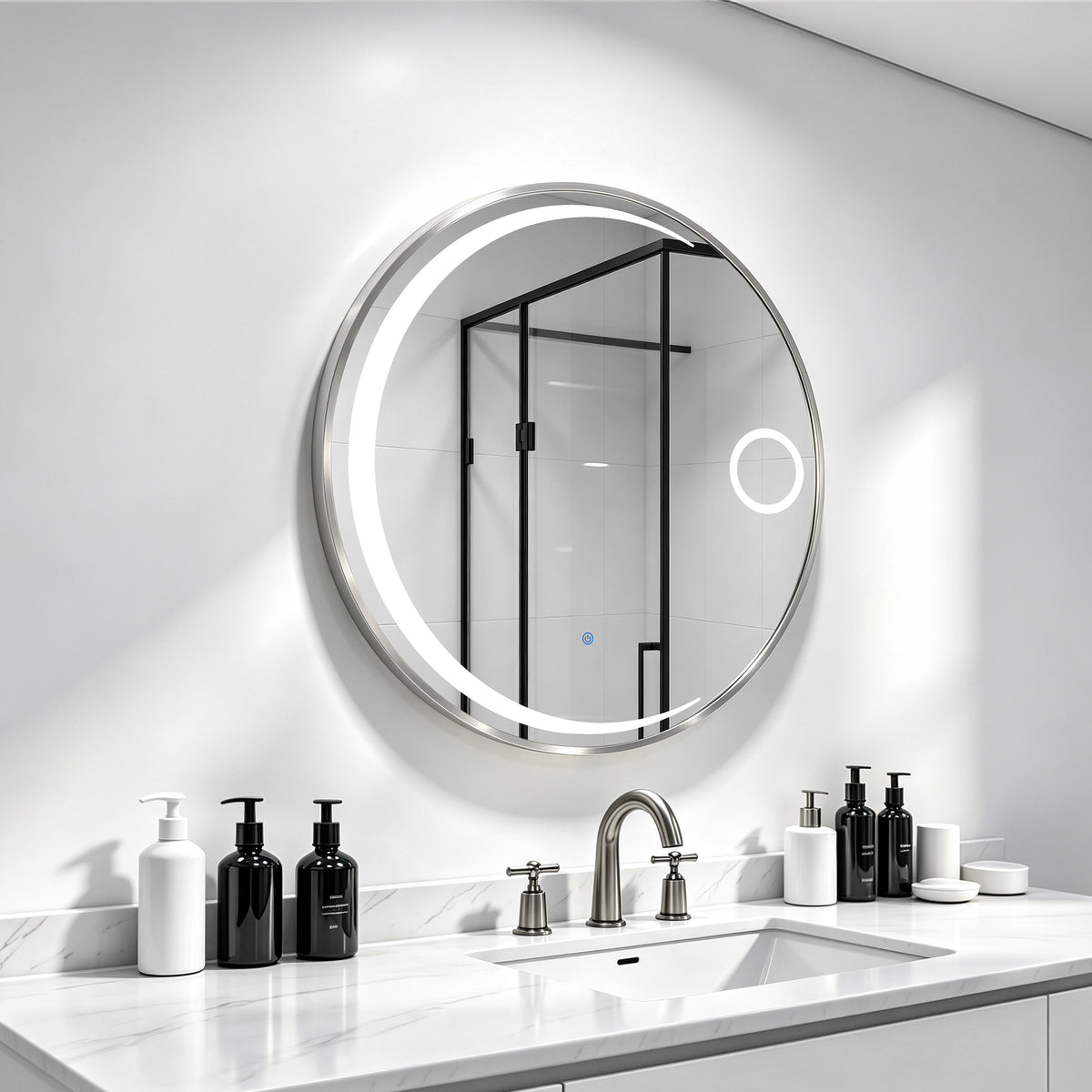 MCombo Espejo de pared con iluminación, espejo de baño con marco de aluminio, espejo redondo con interruptor táctil, 3 colores de luz, regulable, espejo de baño J6228