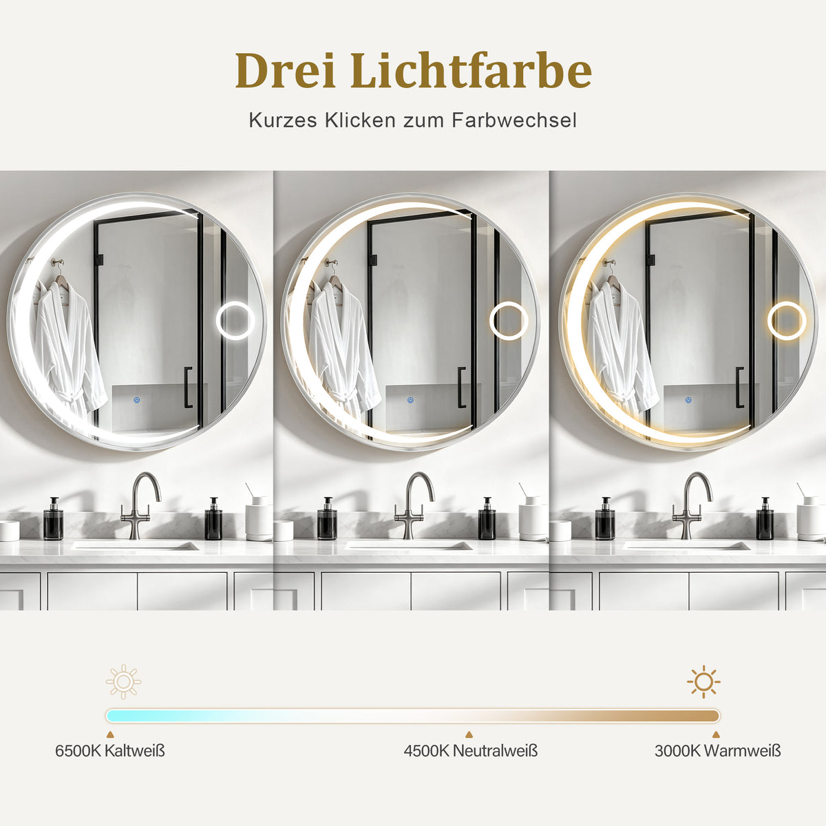 MCombo Espejo de pared con iluminación, espejo de baño con marco de aluminio, espejo redondo con interruptor táctil, 3 colores de luz, regulable, espejo de baño J6228
