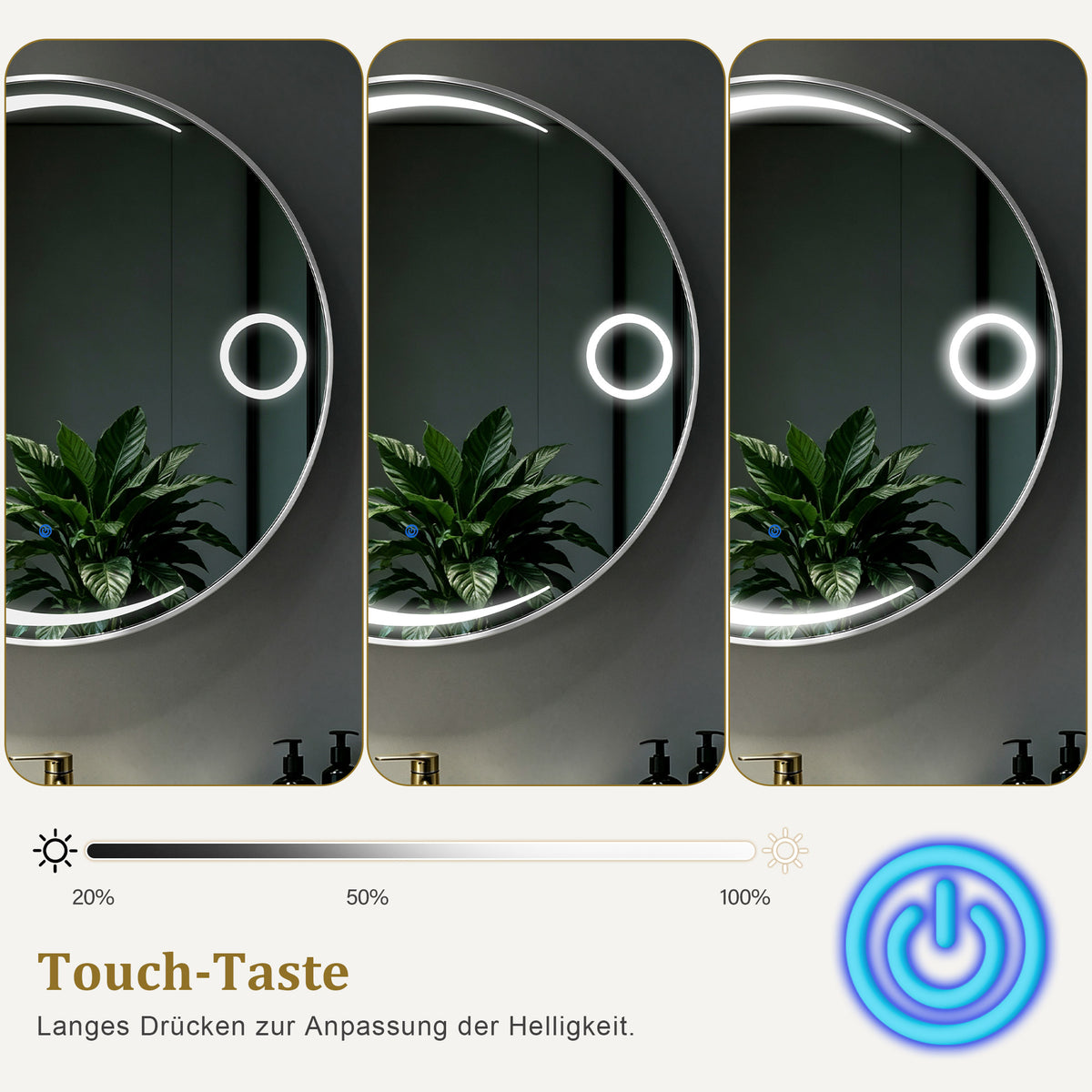 MCombo Espejo de pared con iluminación, espejo de baño con marco de aluminio, espejo redondo con interruptor táctil, 3 colores de luz, regulable, espejo de baño J6228