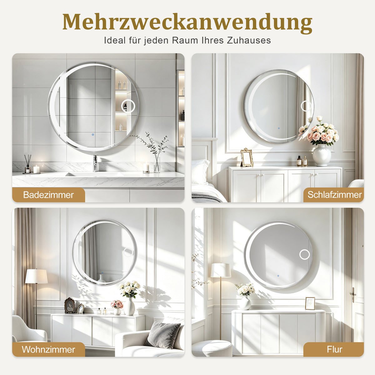 MCombo Espejo de pared con iluminación, espejo de baño con marco de aluminio, espejo redondo con interruptor táctil, 3 colores de luz, regulable, espejo de baño J6228