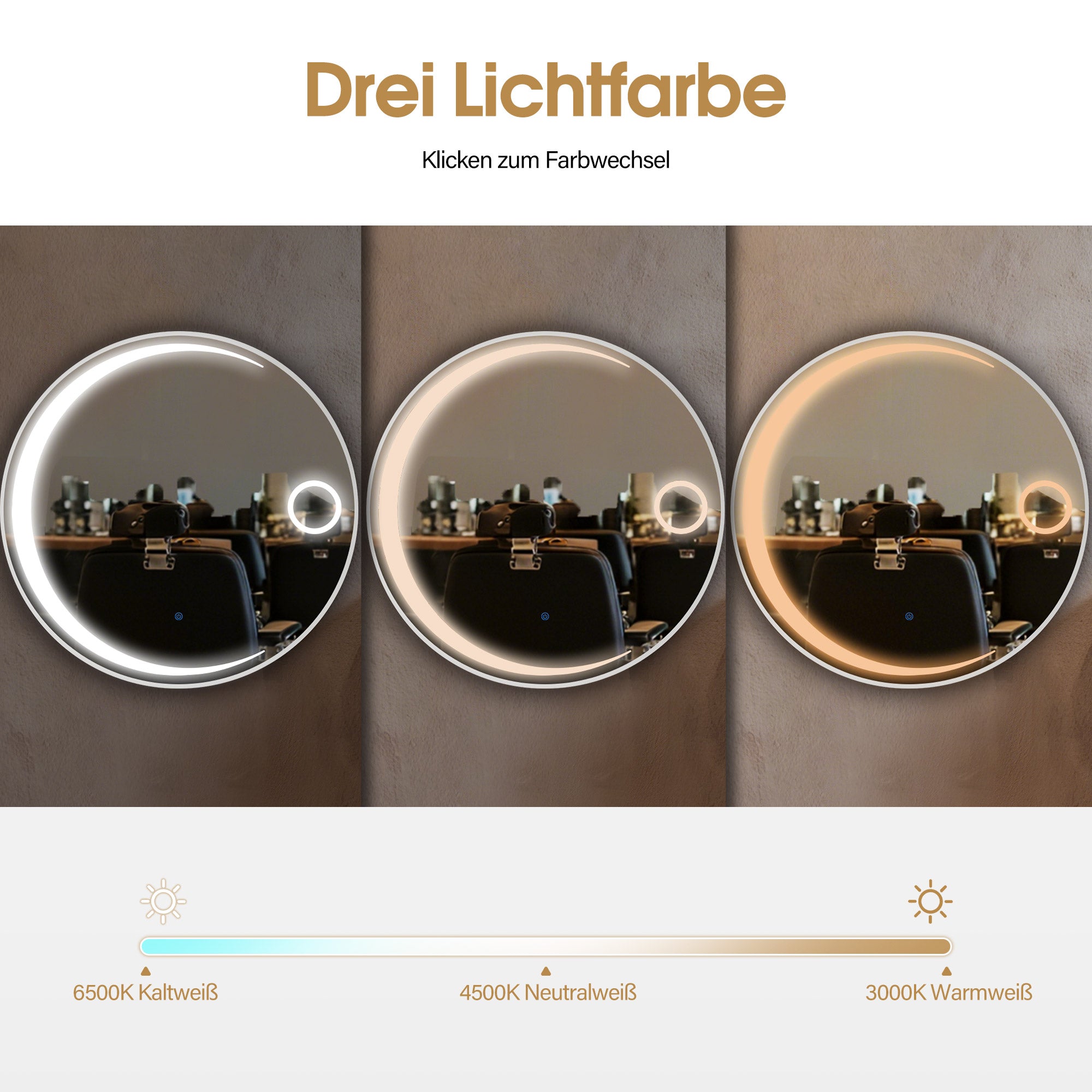 MCombo Specchio da parete con illuminazione, specchio da bagno con cornice in alluminio, specchio rotondo con interruttore touch, 3 colori di luce, dimmerabile, specchio da bagno J6228