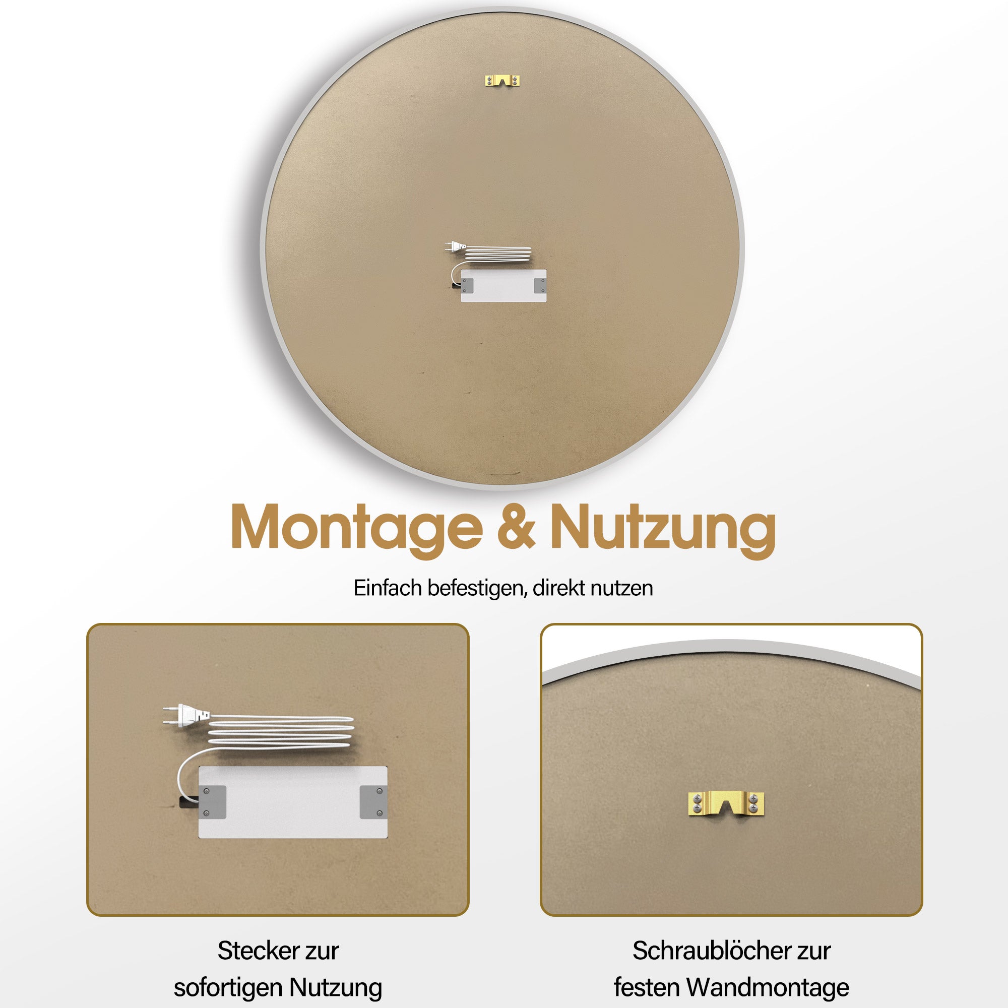 MCombo Specchio da parete con illuminazione, specchio da bagno con cornice in alluminio, specchio rotondo con interruttore touch, 3 colori di luce, dimmerabile, specchio da bagno J6228