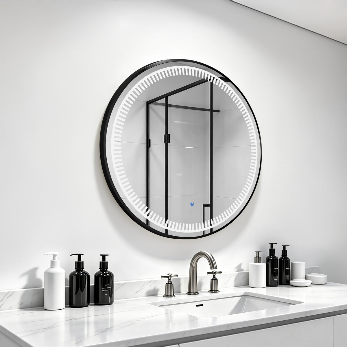 M MCombo Espejo de pared con iluminación, espejo de baño con marco de aluminio, espejo redondo con interruptor táctil, 3 colores de luz, regulable, espejo de baño J6236