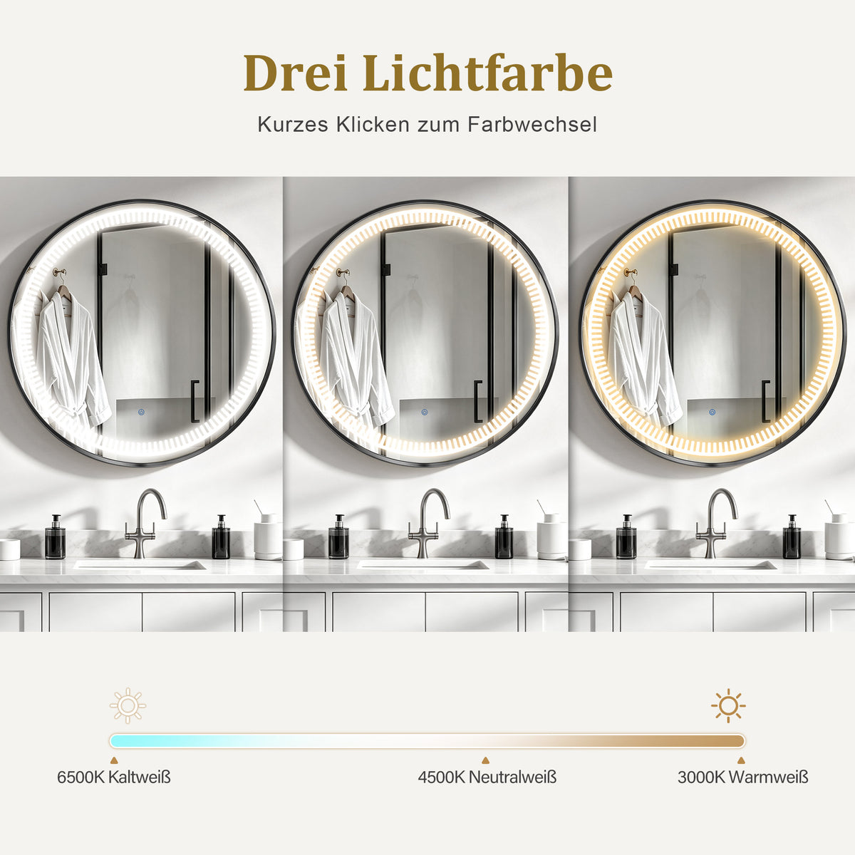 M MCombo Espejo de pared con iluminación, espejo de baño con marco de aluminio, espejo redondo con interruptor táctil, 3 colores de luz, regulable, espejo de baño J6236