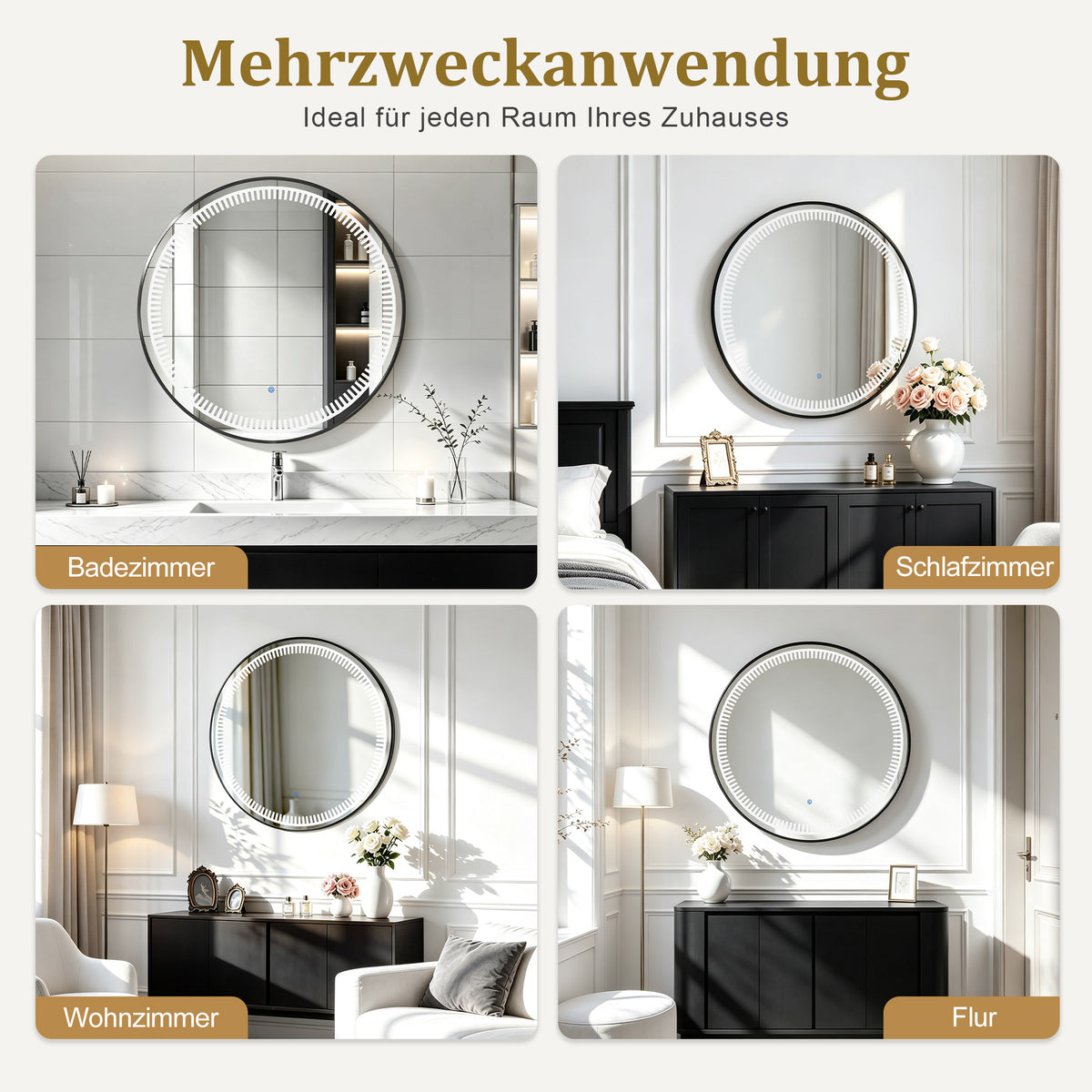 M MCombo Espejo de pared con iluminación, espejo de baño con marco de aluminio, espejo redondo con interruptor táctil, 3 colores de luz, regulable, espejo de baño J6236