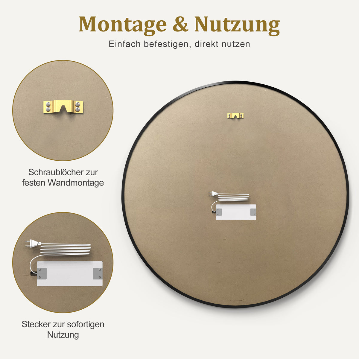 M MCombo Espejo de pared con iluminación, espejo de baño con marco de aluminio, espejo redondo con interruptor táctil, 3 colores de luz, regulable, espejo de baño J6236
