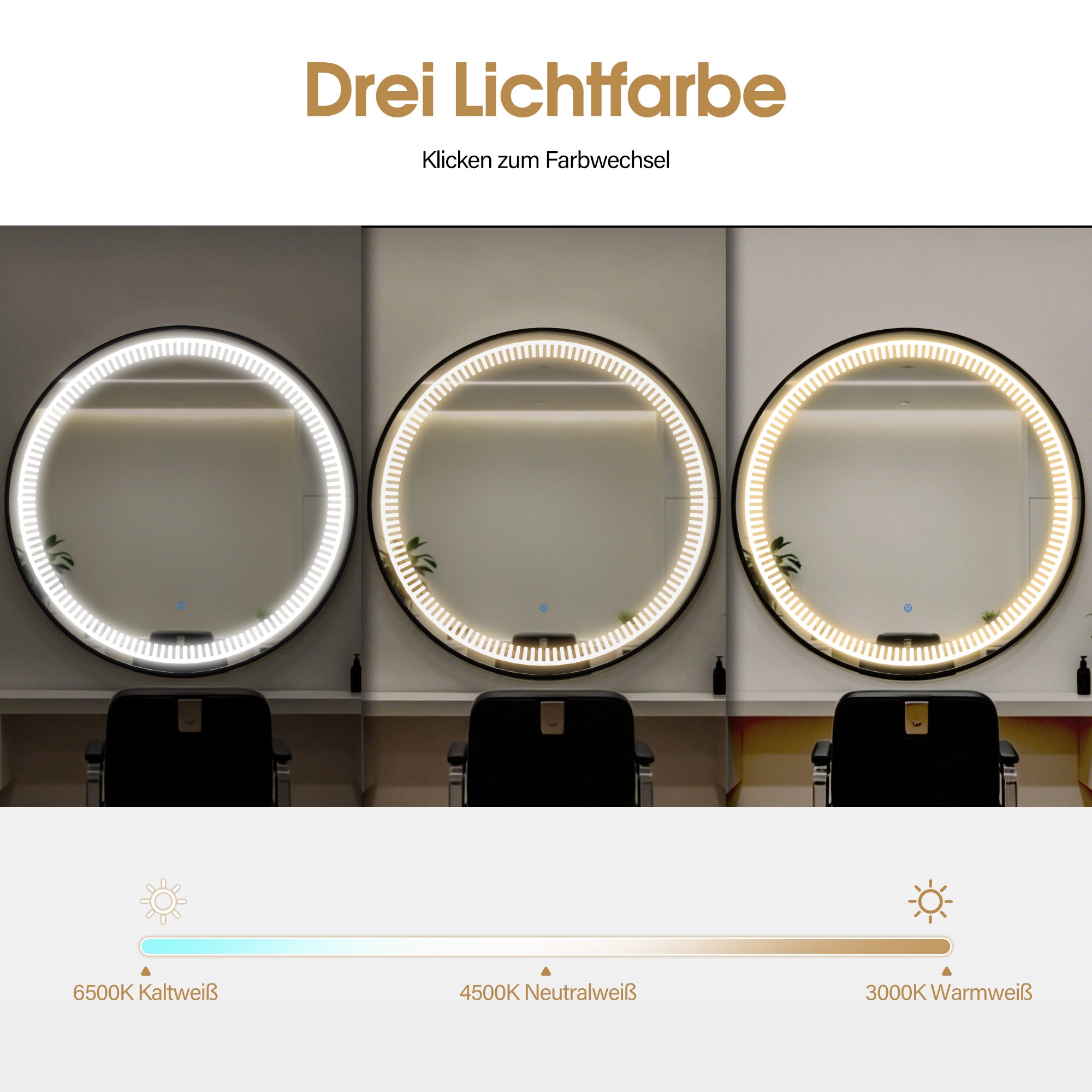 MCombo Specchio da parete con illuminazione, specchio da bagno con cornice in alluminio, specchio rotondo con interruttore touch, 3 colori di luce, dimmerabile, specchio da bagno J6236