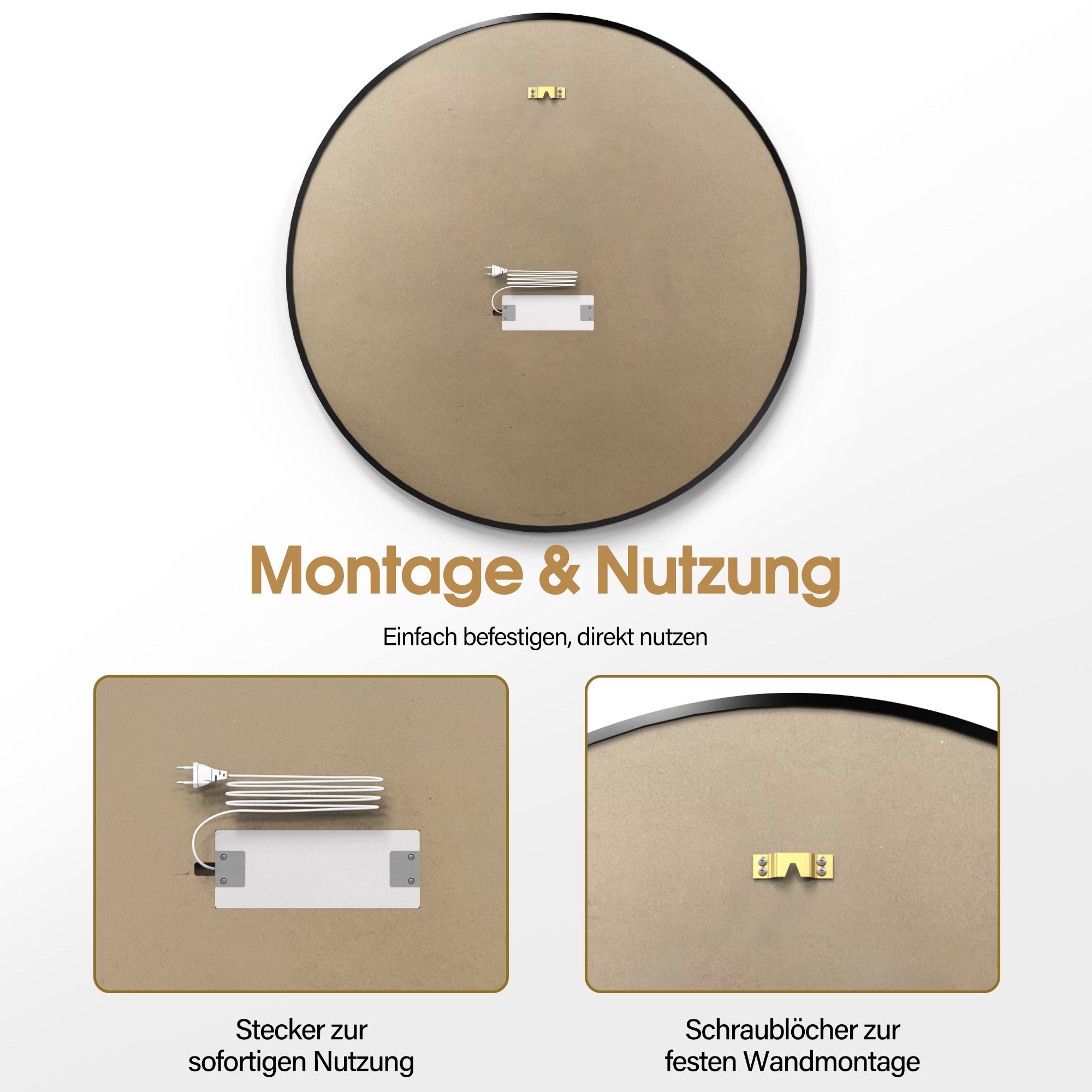 MCombo Specchio da parete con illuminazione, specchio da bagno con cornice in alluminio, specchio rotondo con interruttore touch, 3 colori di luce, dimmerabile, specchio da bagno J6236
